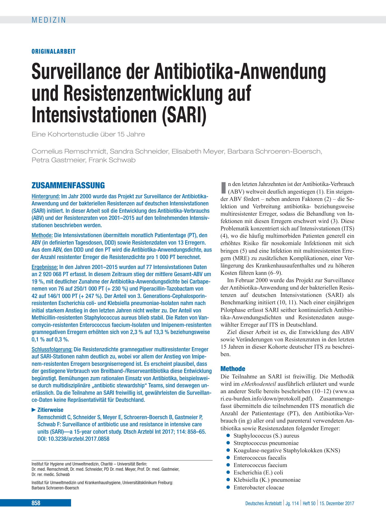 Vorschauseite 1: Surveillance der Antibiotika-Anwendung und Resistenzentwicklung auf Intensivstationen (SARI) – Deutsches Ärzteblatt