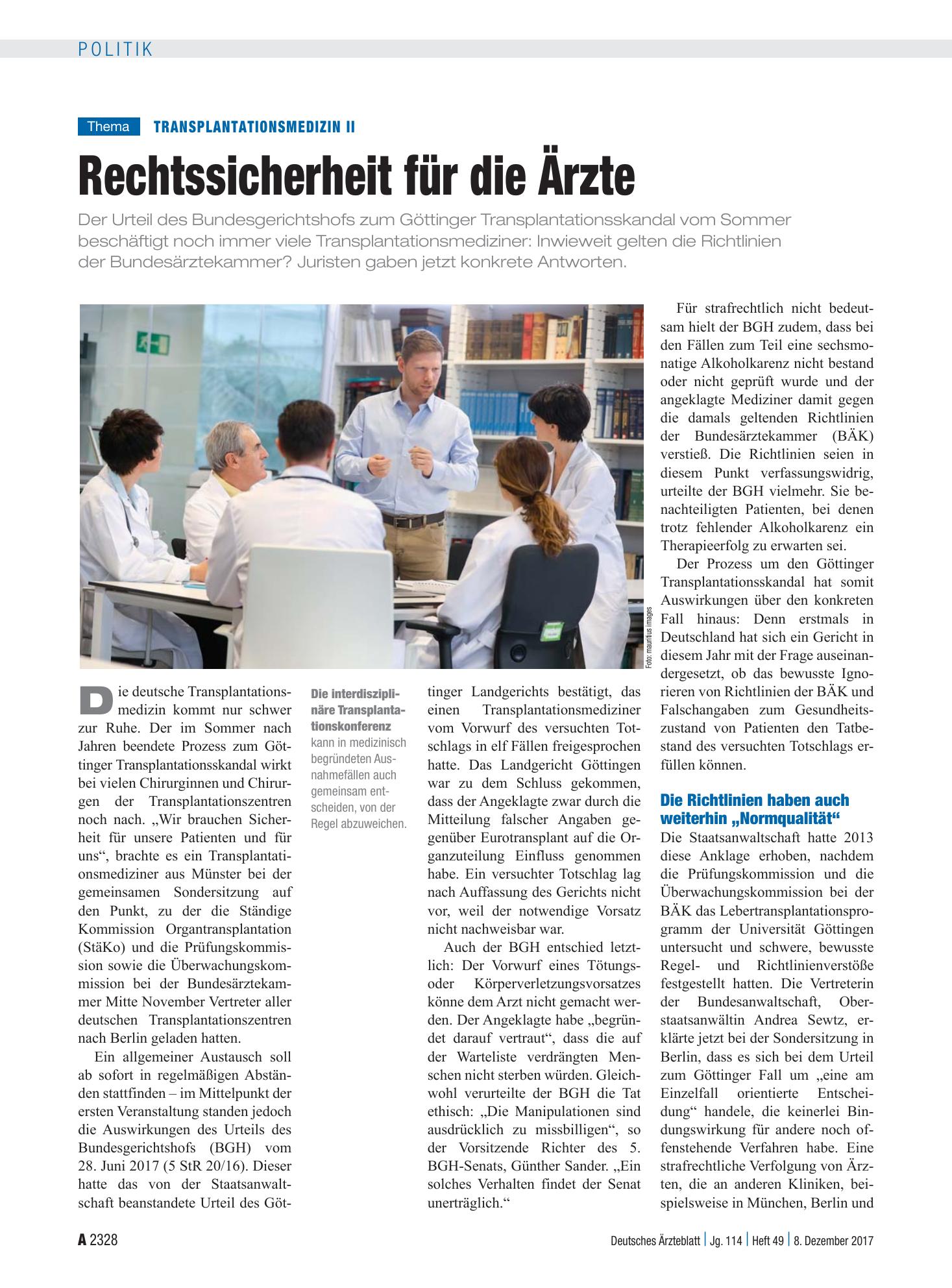 Vorschauseite 1: Transplantationsmedizin II: Rechtssicherheit für die Ärzte – Deutsches Ärzteblatt