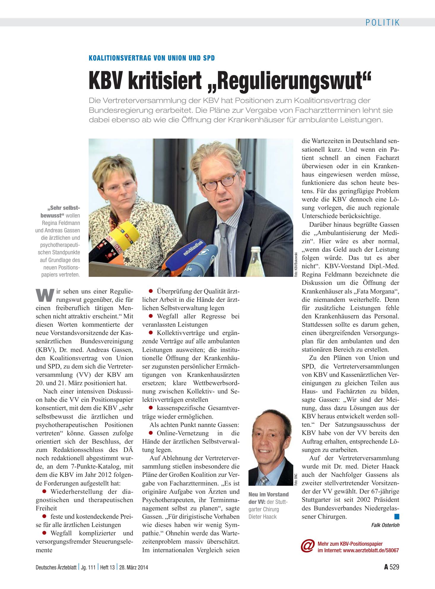 Vorschauseite 1: Koalitionsvertrag von Union und SPD: KBV kritisiert „Regulierungswut“ – Deutsches Ärzteblatt
