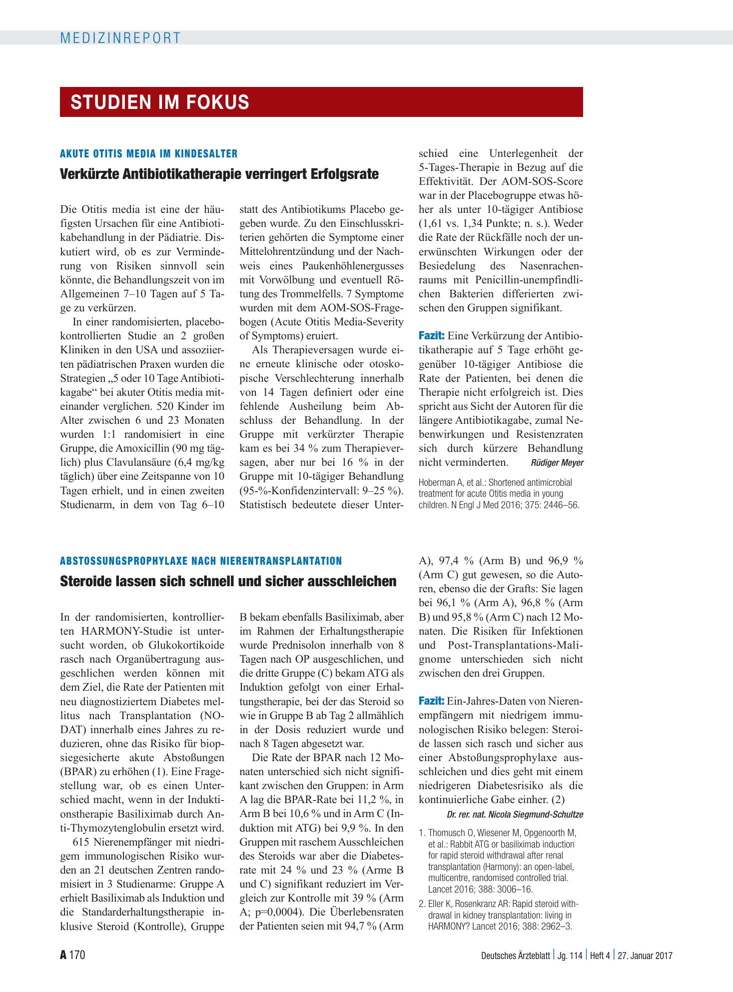 Vorschauseite 1: Abstossungsprophylaxe nach Nierentransplantation: Steroide lassen sich schnell und sicher ausschleichen – Deutsches Ärzteblatt
