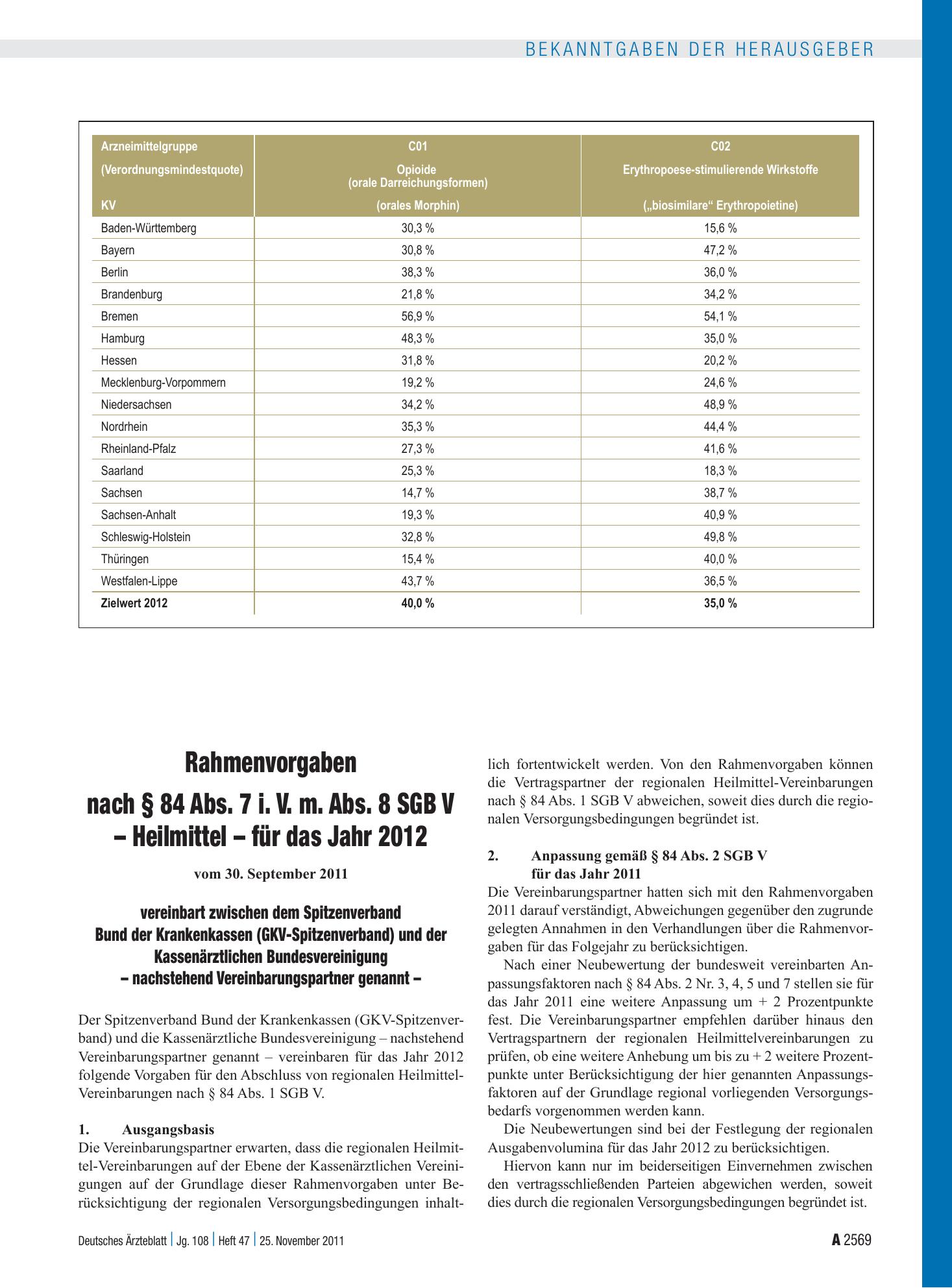 Vorschauseite 1: Rahmenvorgaben nach § 84 Abs. 7 i. V. m. Abs. 8 SGB V – Heilmittel – für das Jahr 2012 vereinbart zwischen dem Spitzenverband Bund der Krankenkassen (GKV-Spitzenverband) und der K…