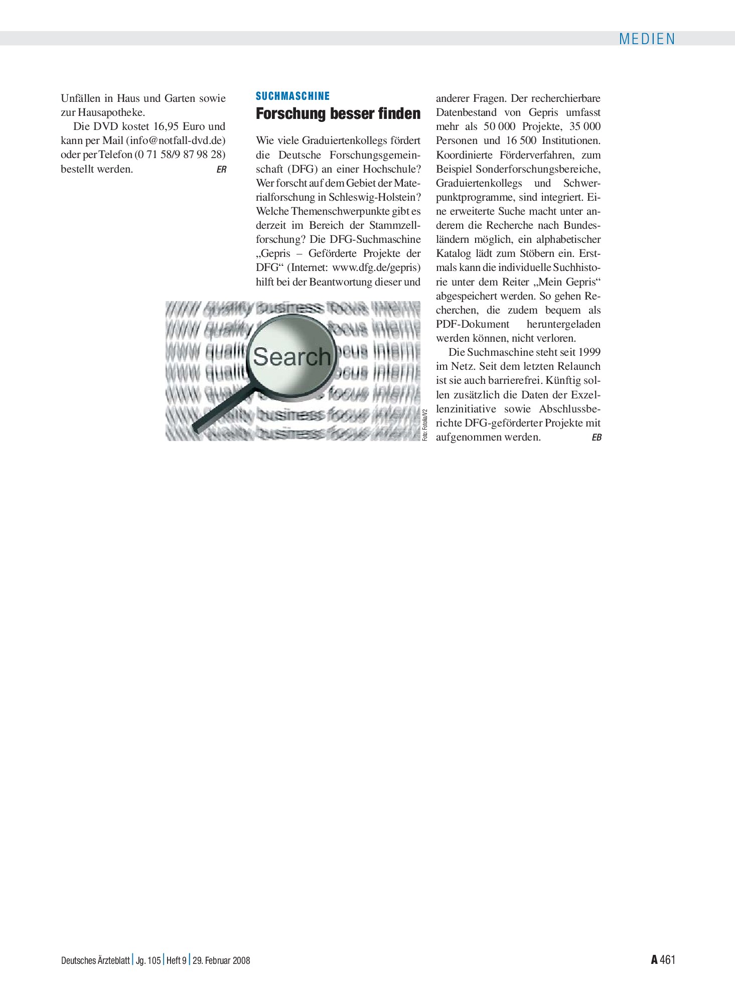 Vorschauseite 1: Suchmaschine: Forschung besser finden – Deutsches Ärzteblatt