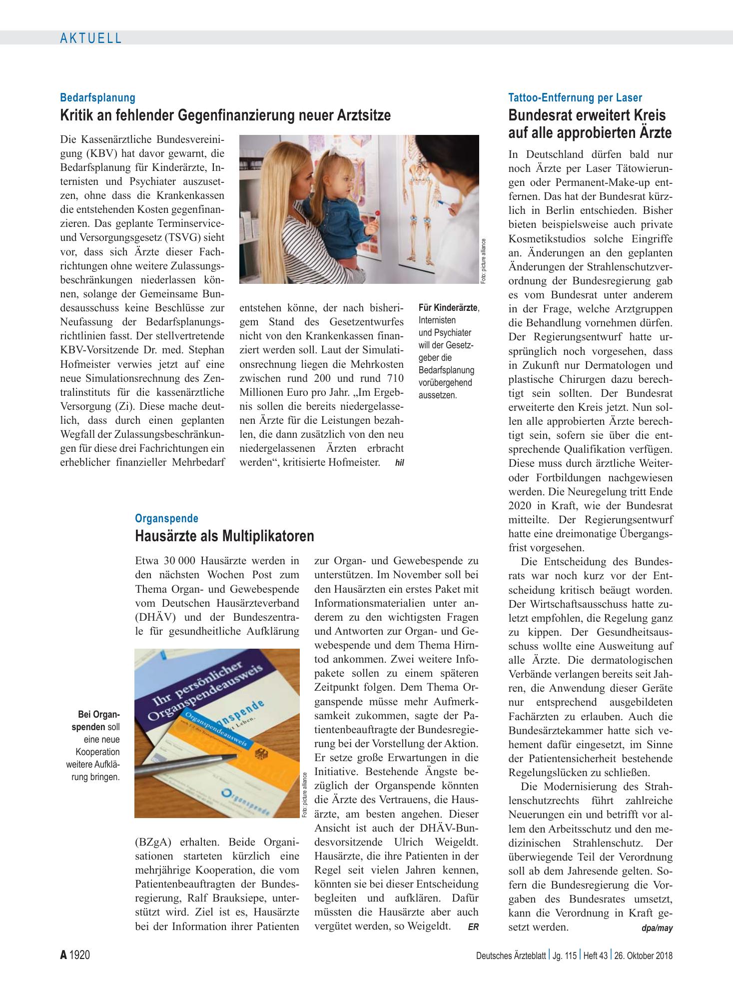 Vorschauseite 1: Organspende: Hausärzte als Multiplikatoren – Deutsches Ärzteblatt