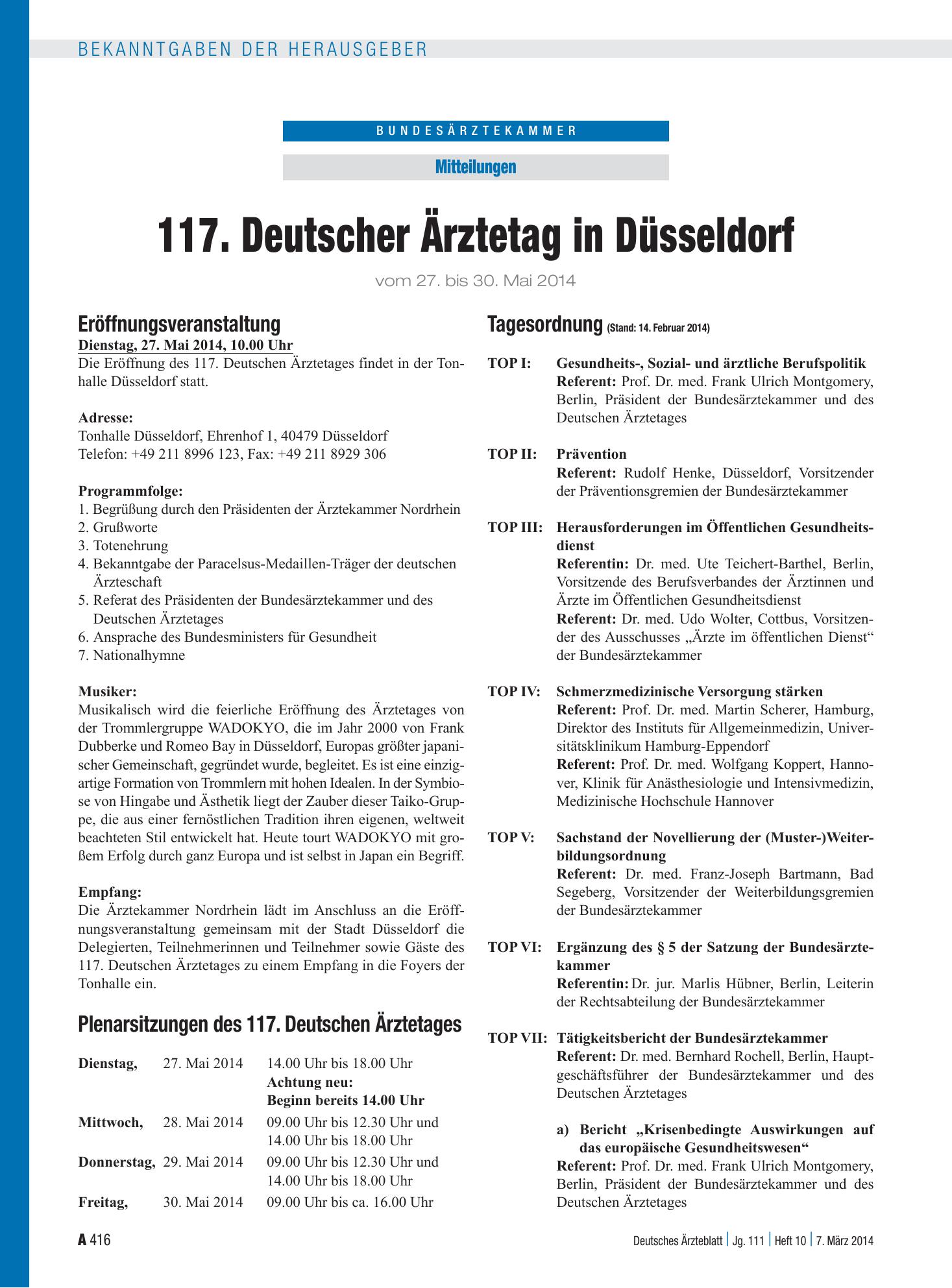 Vorschauseite 1: 117. Deutscher Ärztetag in Düsseldorf – Deutsches Ärzteblatt