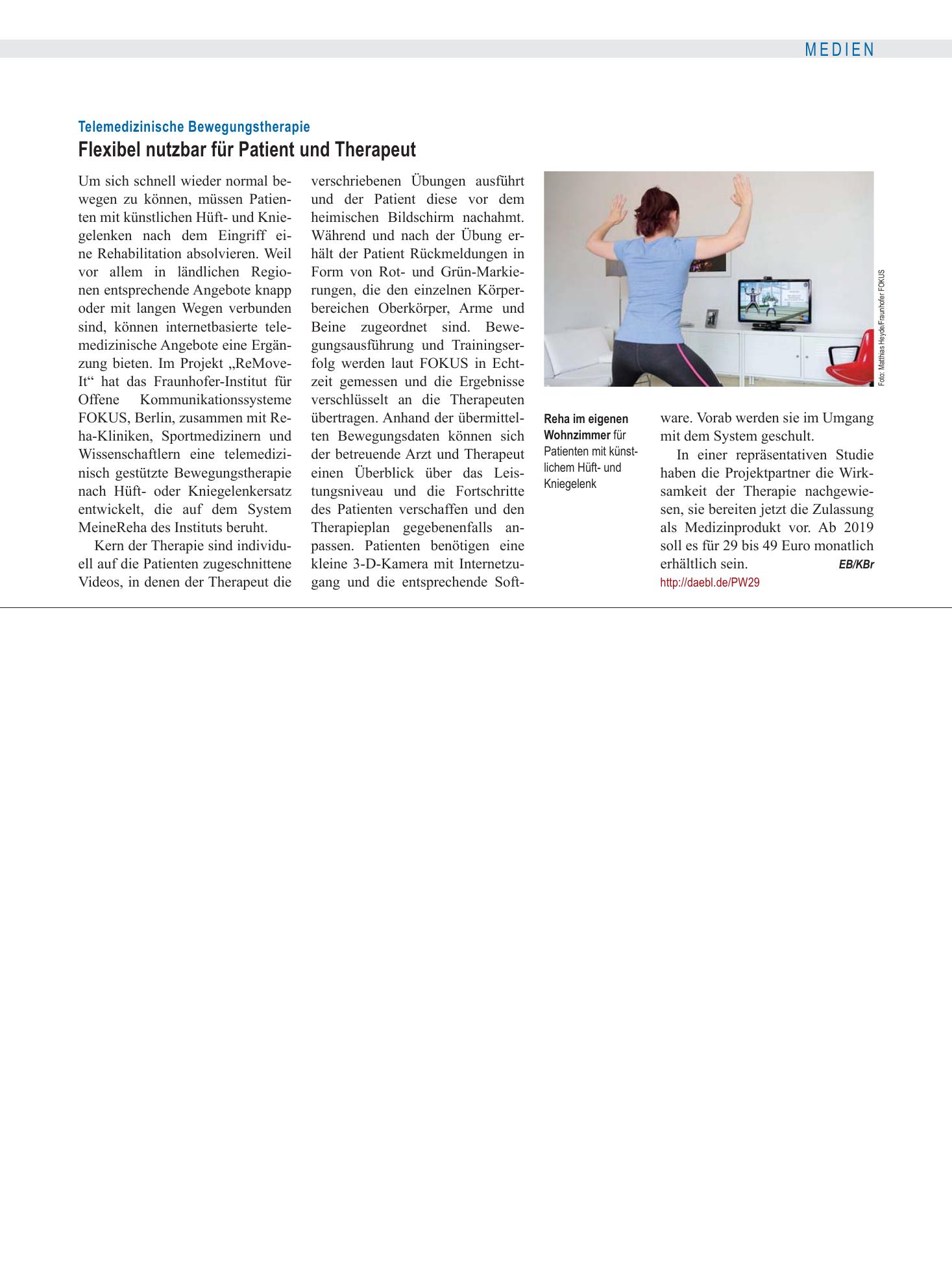 Vorschauseite 1: Telemedizinische Bewegungstherapie: Flexibel nutzbar für Patient und Therapeut – Deutsches Ärzteblatt