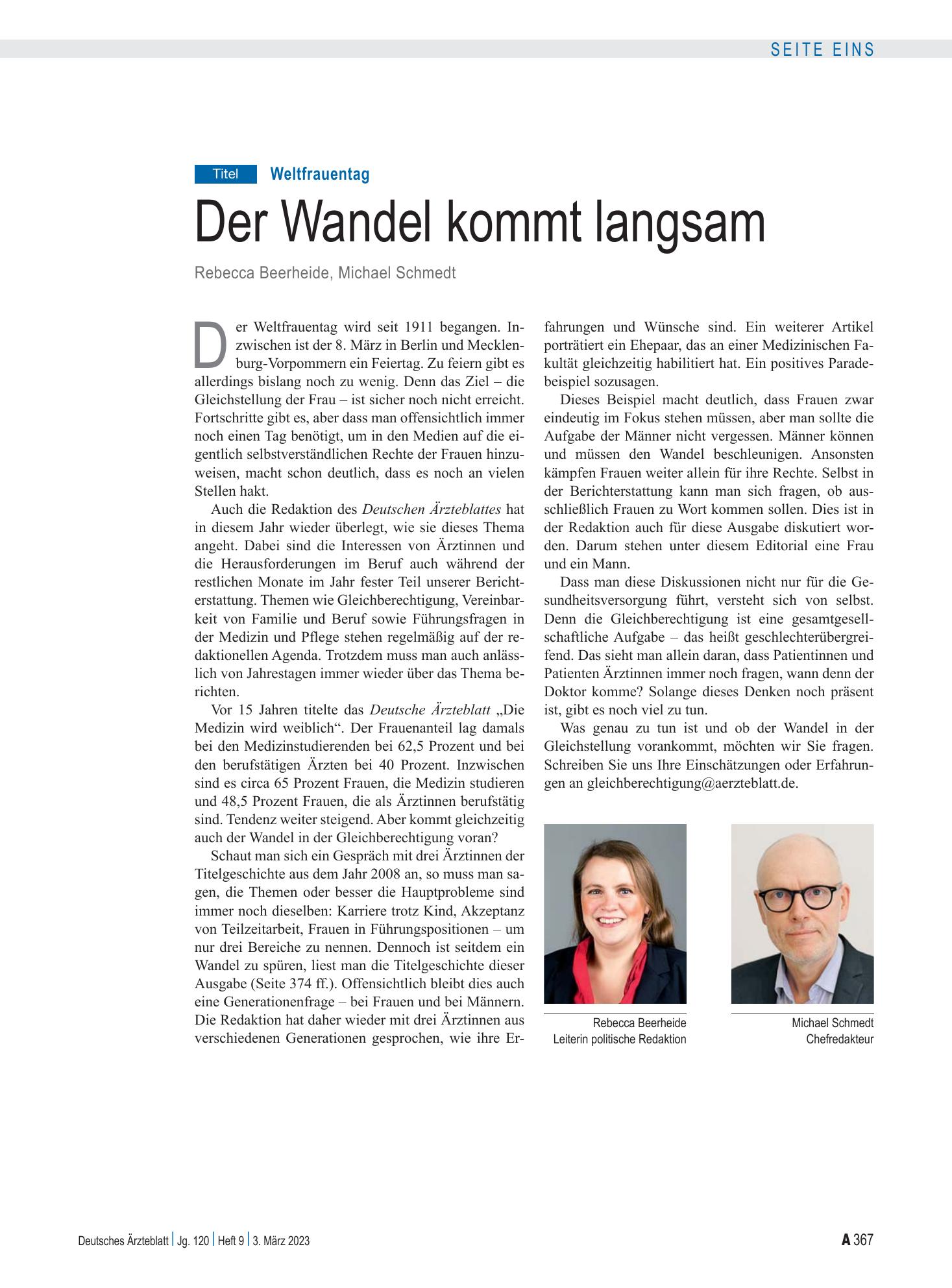 Vorschauseite 1: Weltfrauentag: Der Wandel kommt langsam – Deutsches Ärzteblatt
