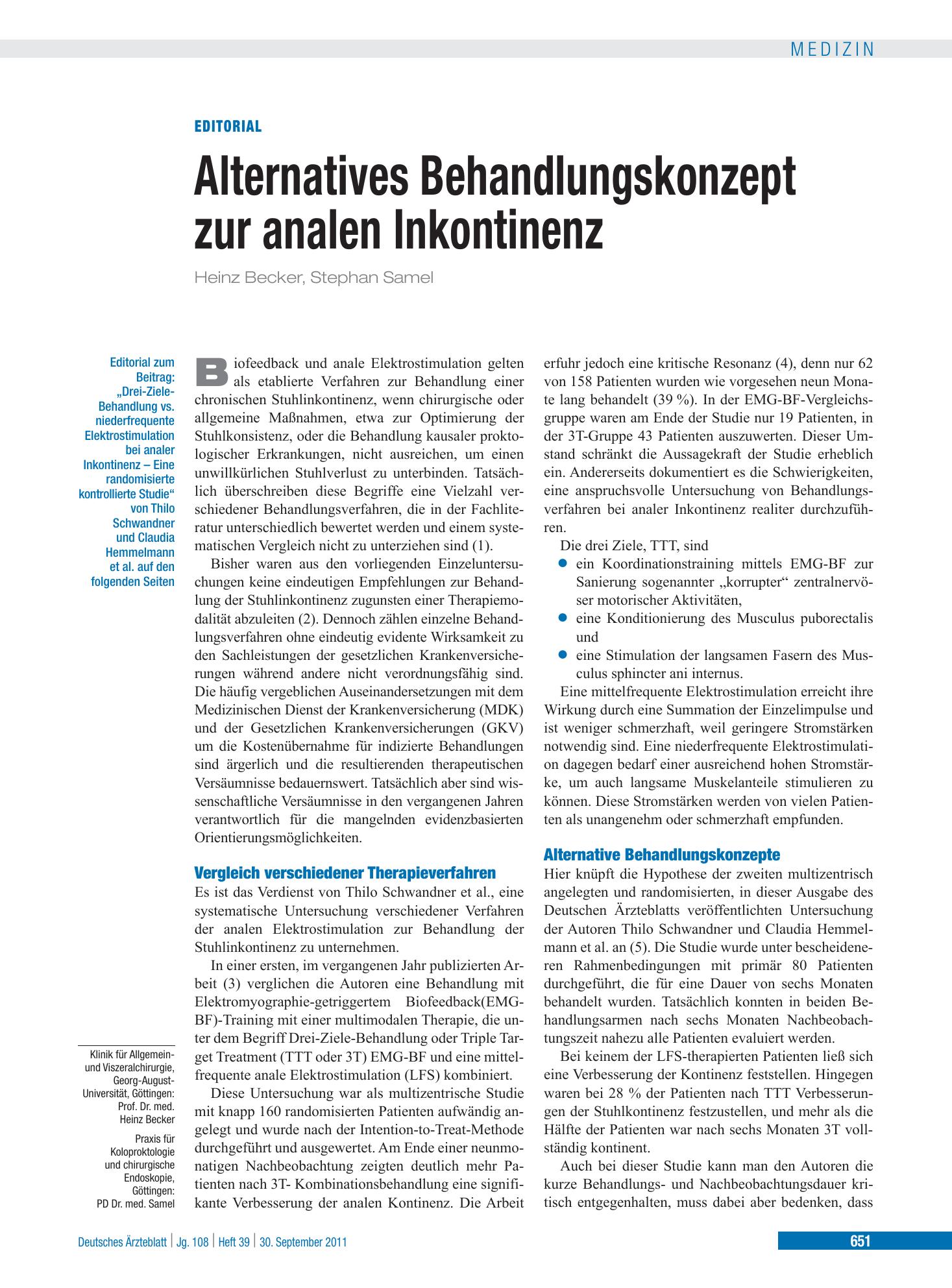 Vorschauseite 1: Drei-Ziele-Behandlung vs. niederfrequente Elektrostimulation bei analer Inkontinenz – Deutsches Ärzteblatt
