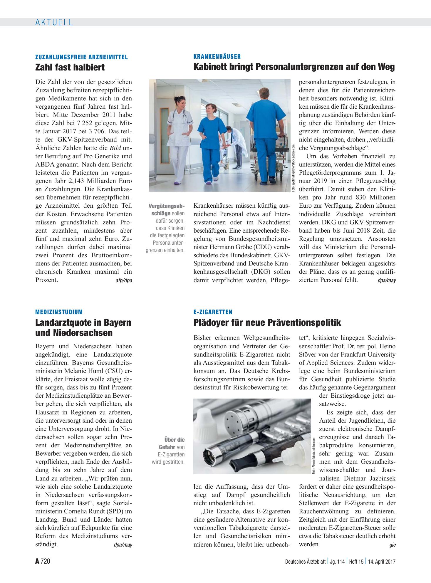 Vorschauseite 1: Krankenhäuser: Kabinett bringt Personaluntergrenzen auf den Weg – Deutsches Ärzteblatt