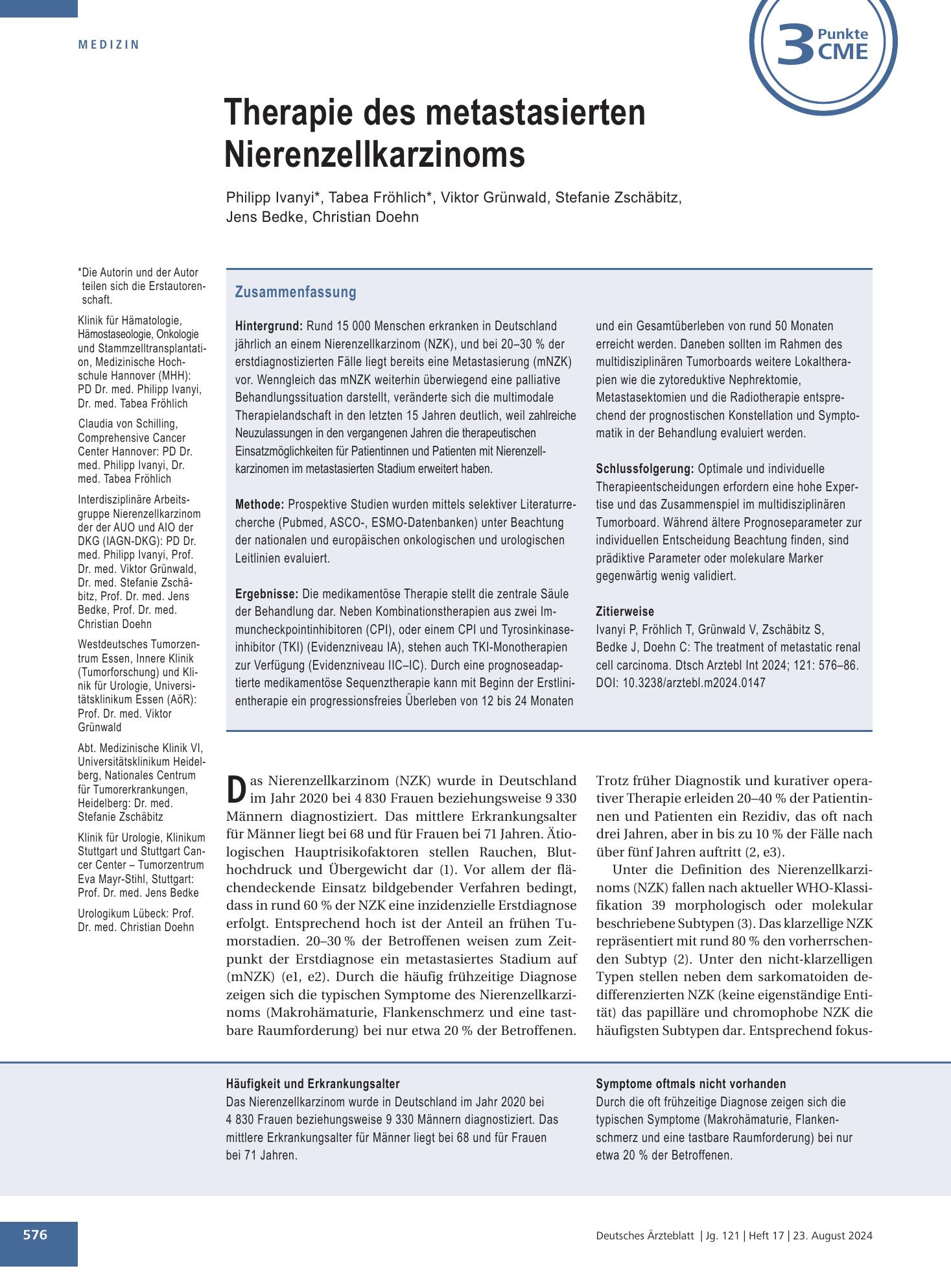 Vorschauseite 1: Therapie des metastasierten Nierenzellkarzinoms – Deutsches Ärzteblatt