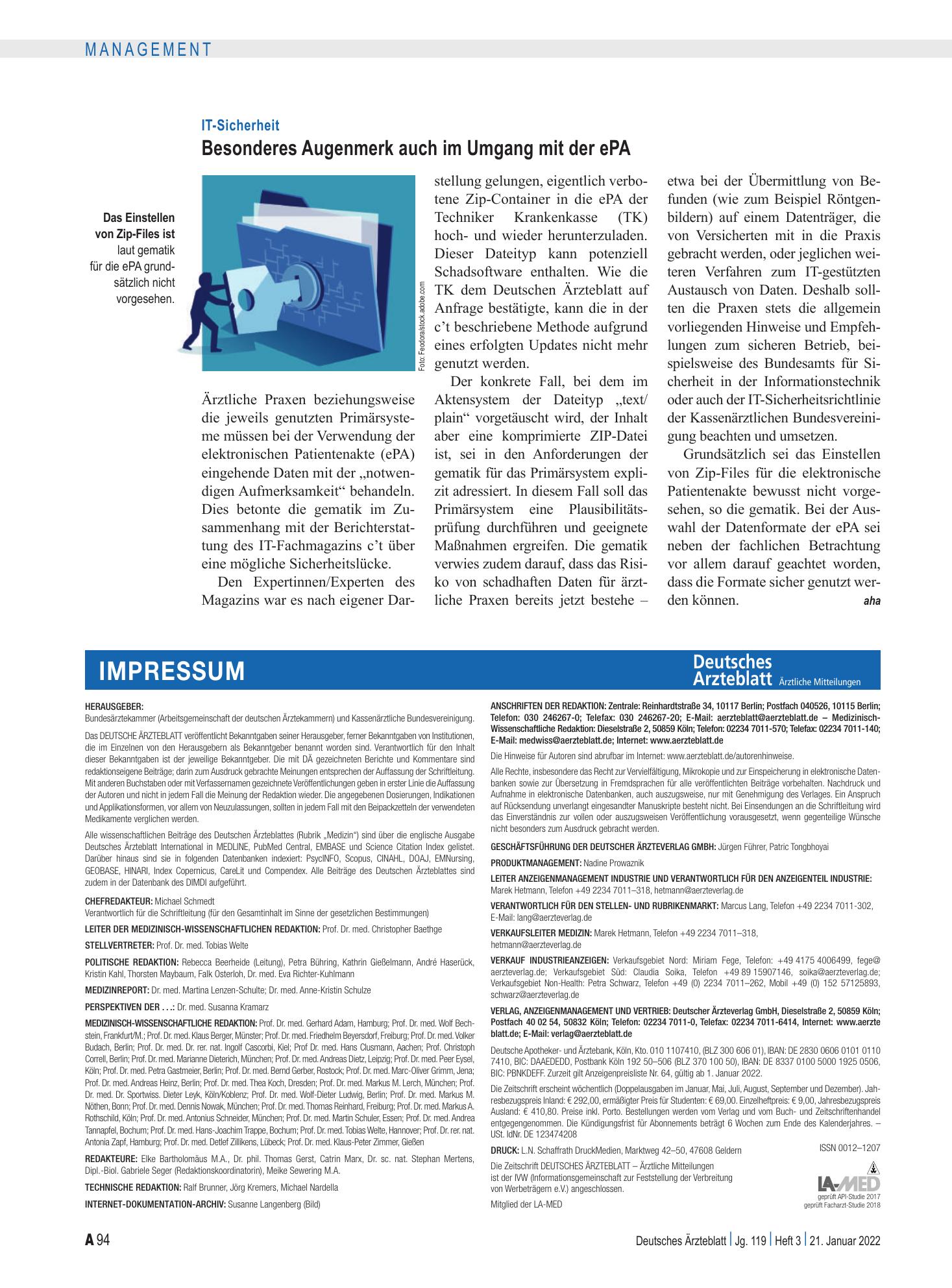 Vorschauseite 1: IT-Sicherheit: Besonderes Augenmerk auch im Umgang mit der ePA – Deutsches Ärzteblatt