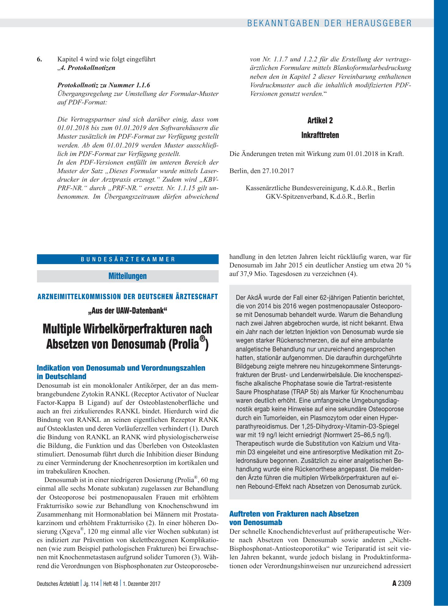 Vorschauseite 1: Arzneimittelkommission der Deutschen Ärzteschaft: „Aus der UAW-Datenbank“ – Multiple Wirbelkörperfrakturen nach Absetzen von Denosumab (Prolia ® ) – Deutsches Ärzteblatt