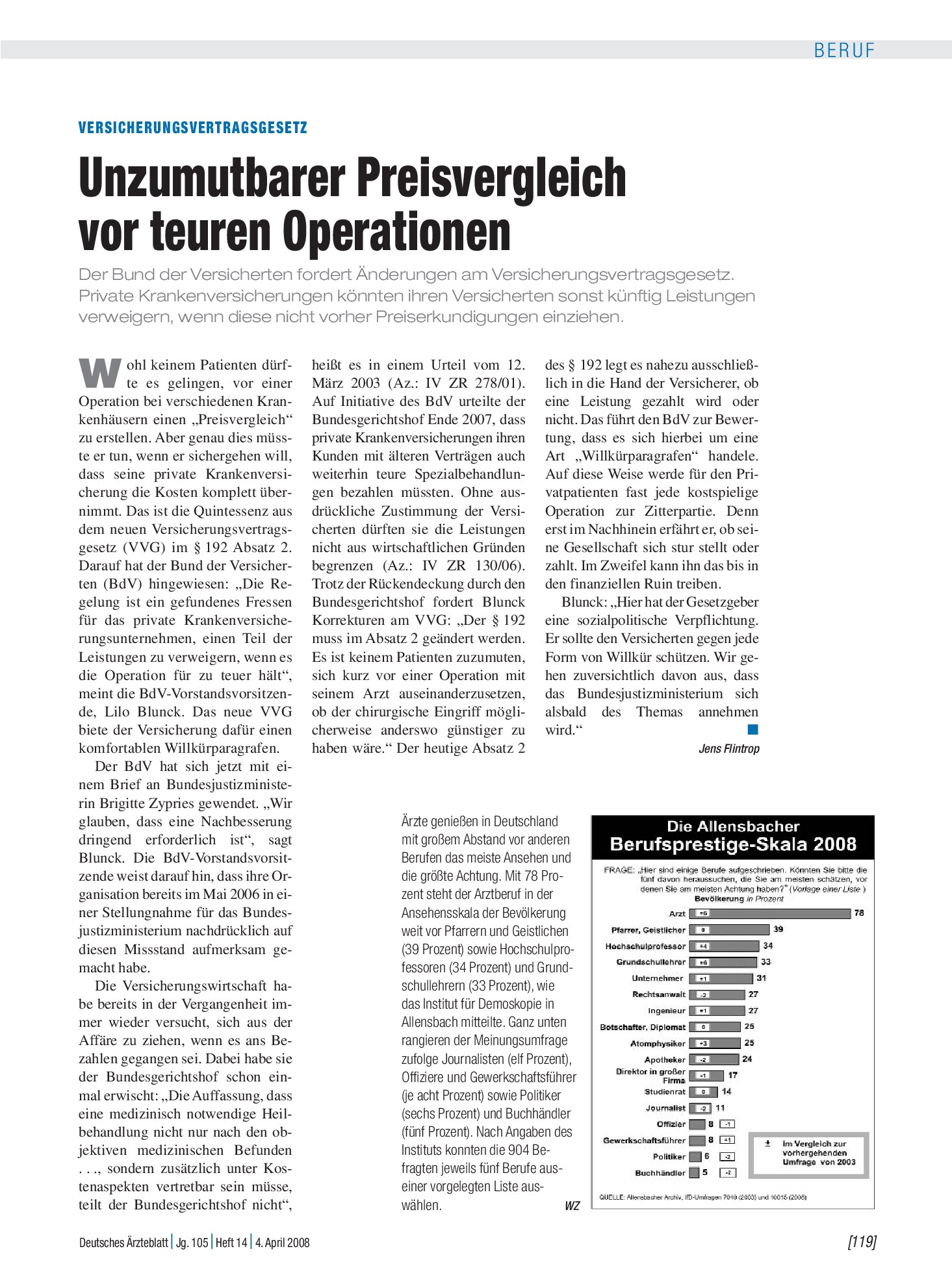 Vorschauseite 1: Versicherungsvertragsgesetz: Unzumutbarer Preisvergleich vor teuren Operationen – Deutsches Ärzteblatt