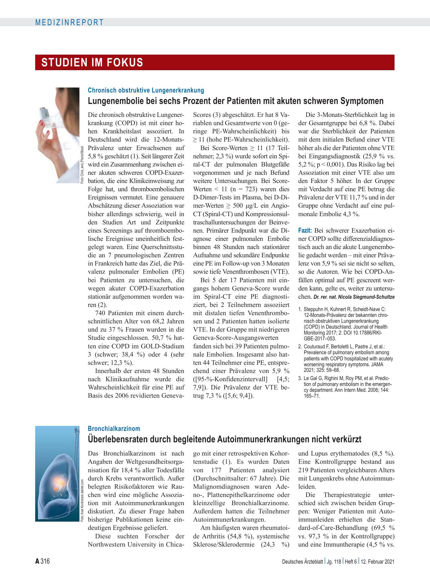 Vorschauseite 1: Chronisch obstruktive Lungenerkrankung: Lungenembolie bei sechs Prozent der Patienten mit akuten schweren Symptomen – Deutsches Ärzteblatt