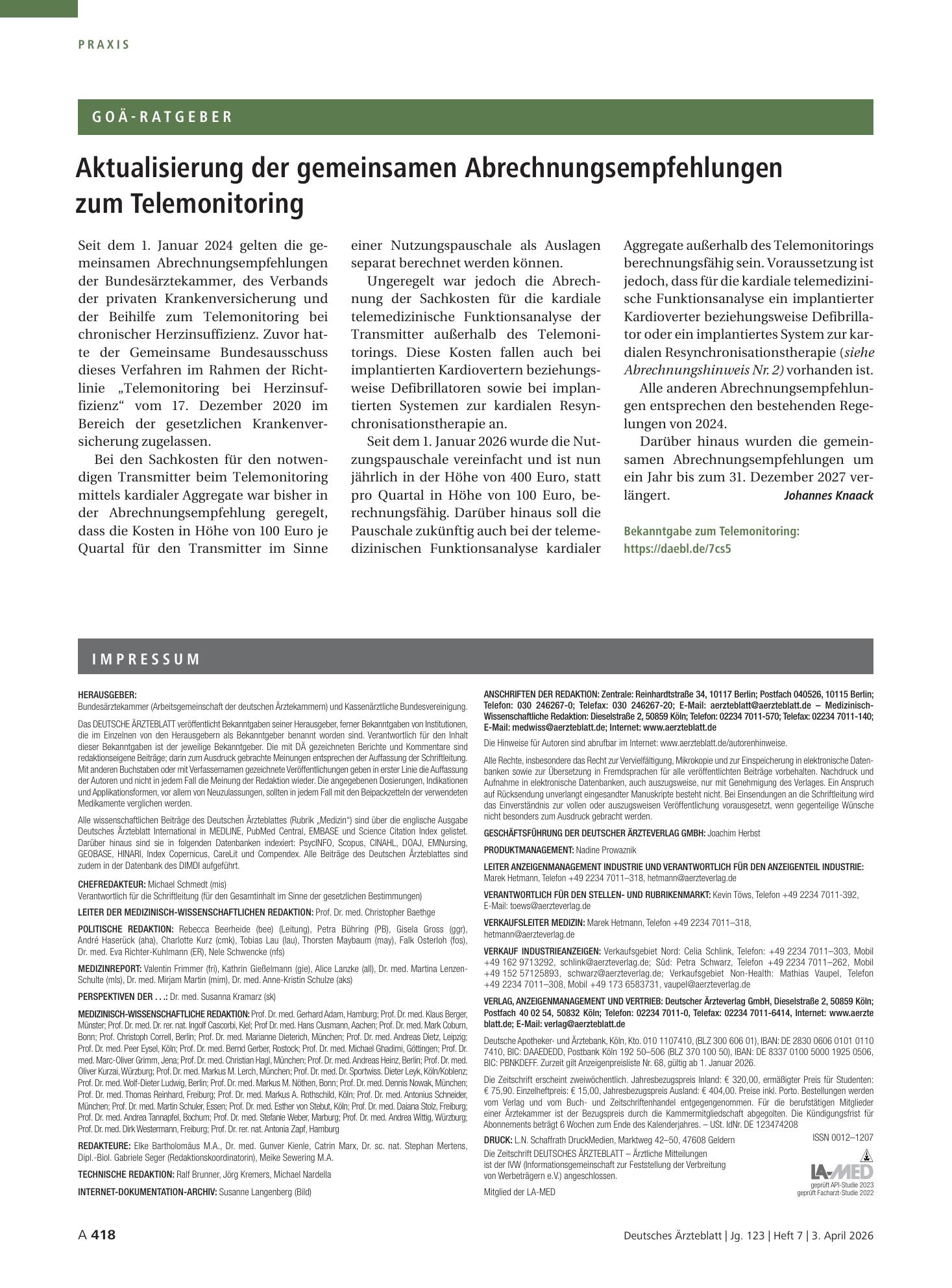Vorschauseite 1: Aktualisierung der gemeinsamen Abrechnungsempfehlungen zum Telemonitoring – Deutsches Ärzteblatt