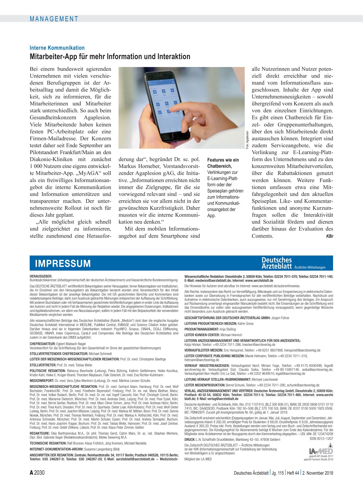 Vorschauseite 1: Interne Kommunikation: Mitarbeiter-App für mehr Information und Interaktion – Deutsches Ärzteblatt