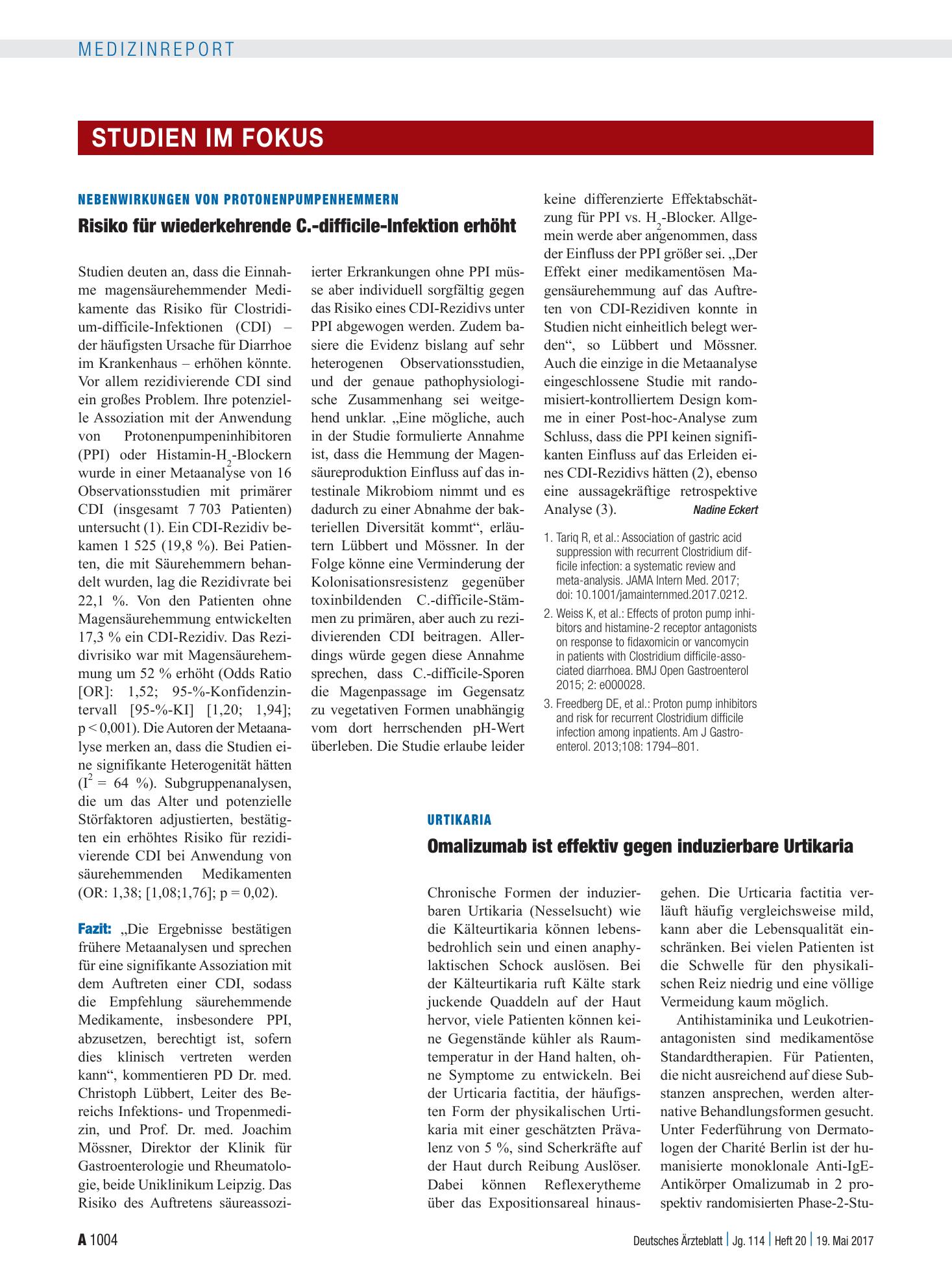 Vorschauseite 1: Nebenwirkungen von Protonenpumpenhemmern: Risiko für wiederkehrende C.-difficile-Infektion erhöht – Deutsches Ärzteblatt