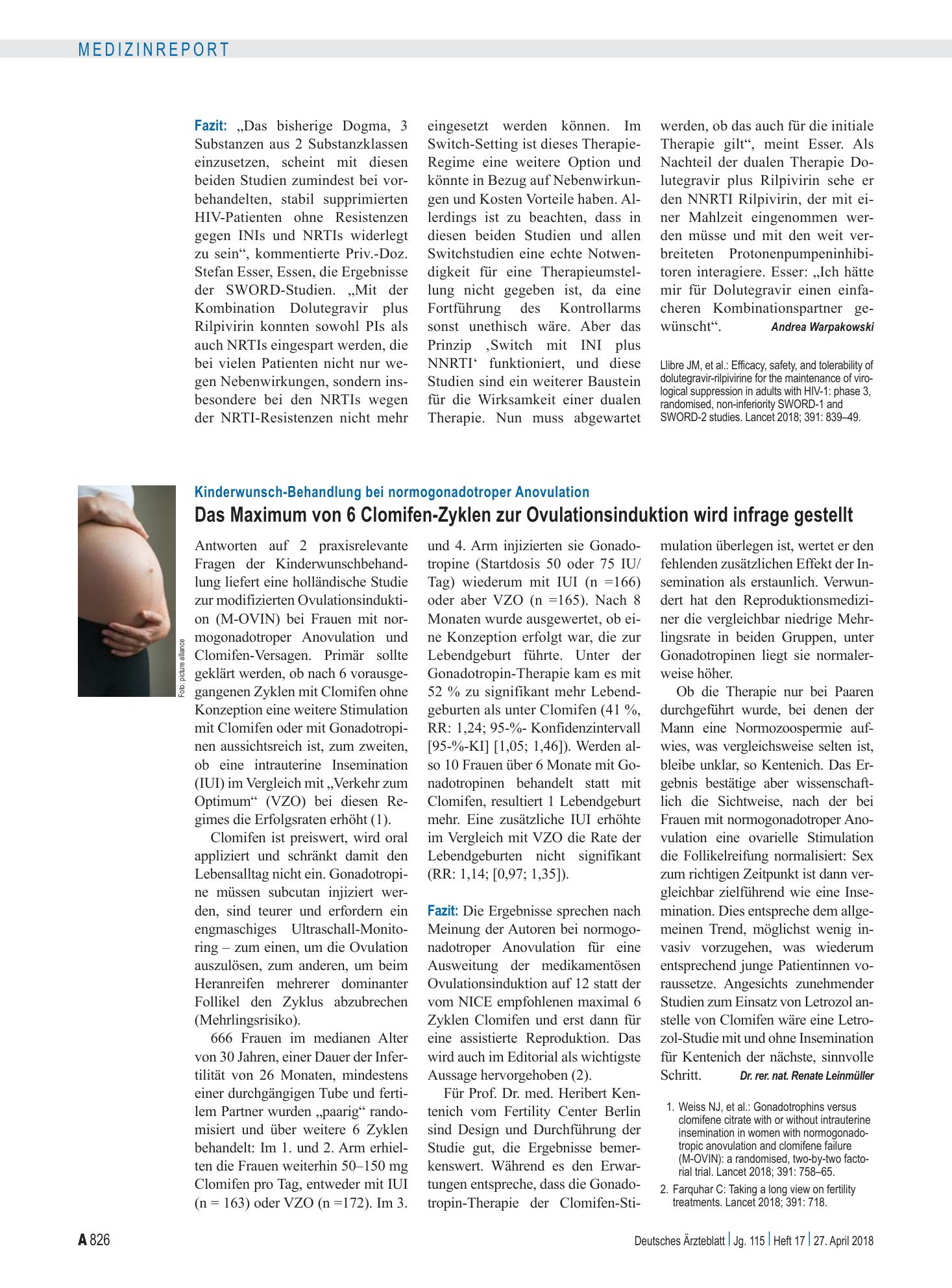 Vorschauseite 1: Kinderwunsch-Behandlung bei normogonadotroper Anovulation: Das Maximum von 6 Clomifen-Zyklen zur Ovulationsinduktion wird infrage gestellt – Deutsches Ärzteblatt