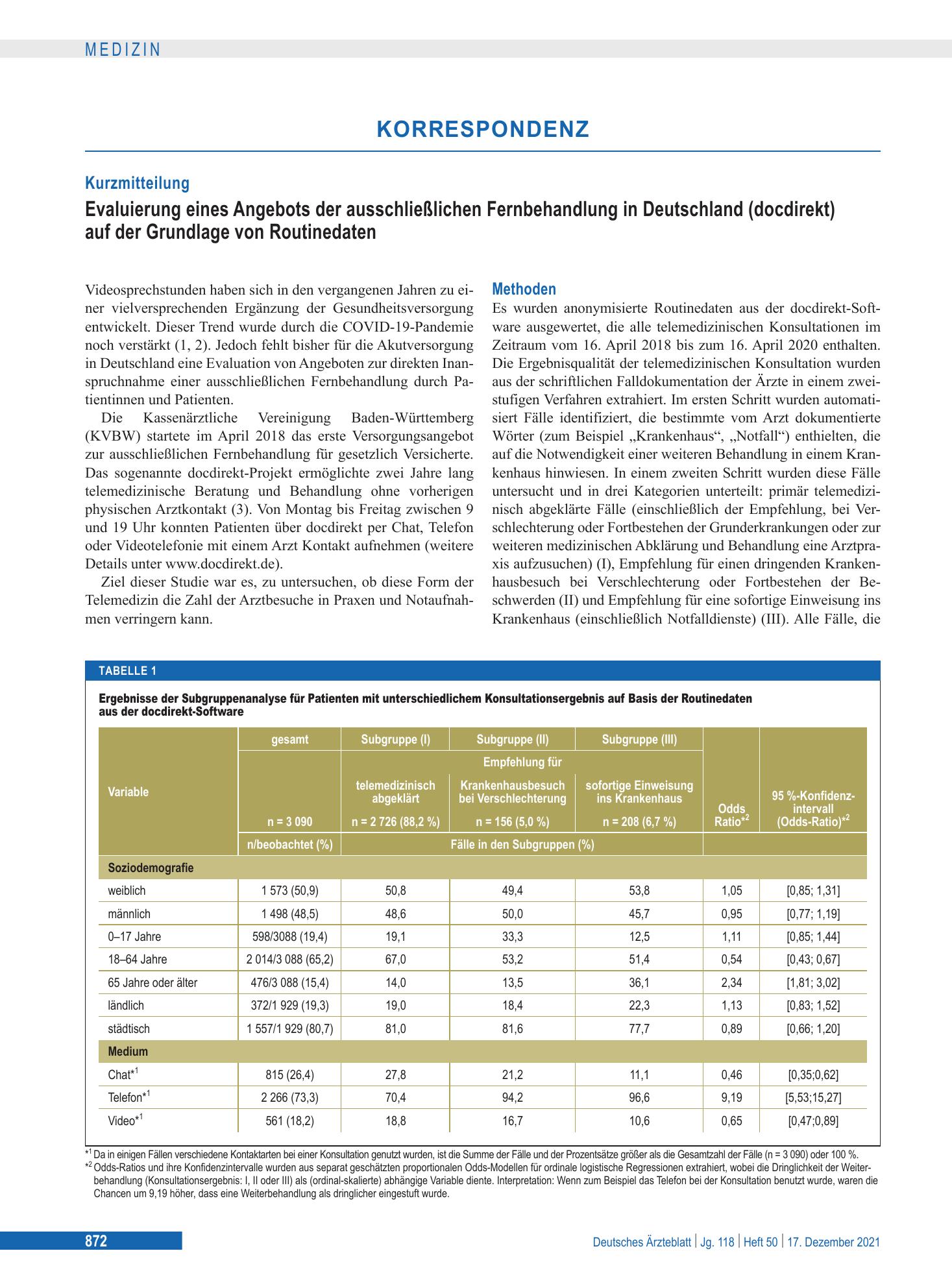 Vorschauseite 1: Evaluierung eines Angebots der ausschließlichen Fernbehandlung in Deutschland (docdirekt) auf der Grundlage von Routinedaten – Deutsches Ärzteblatt