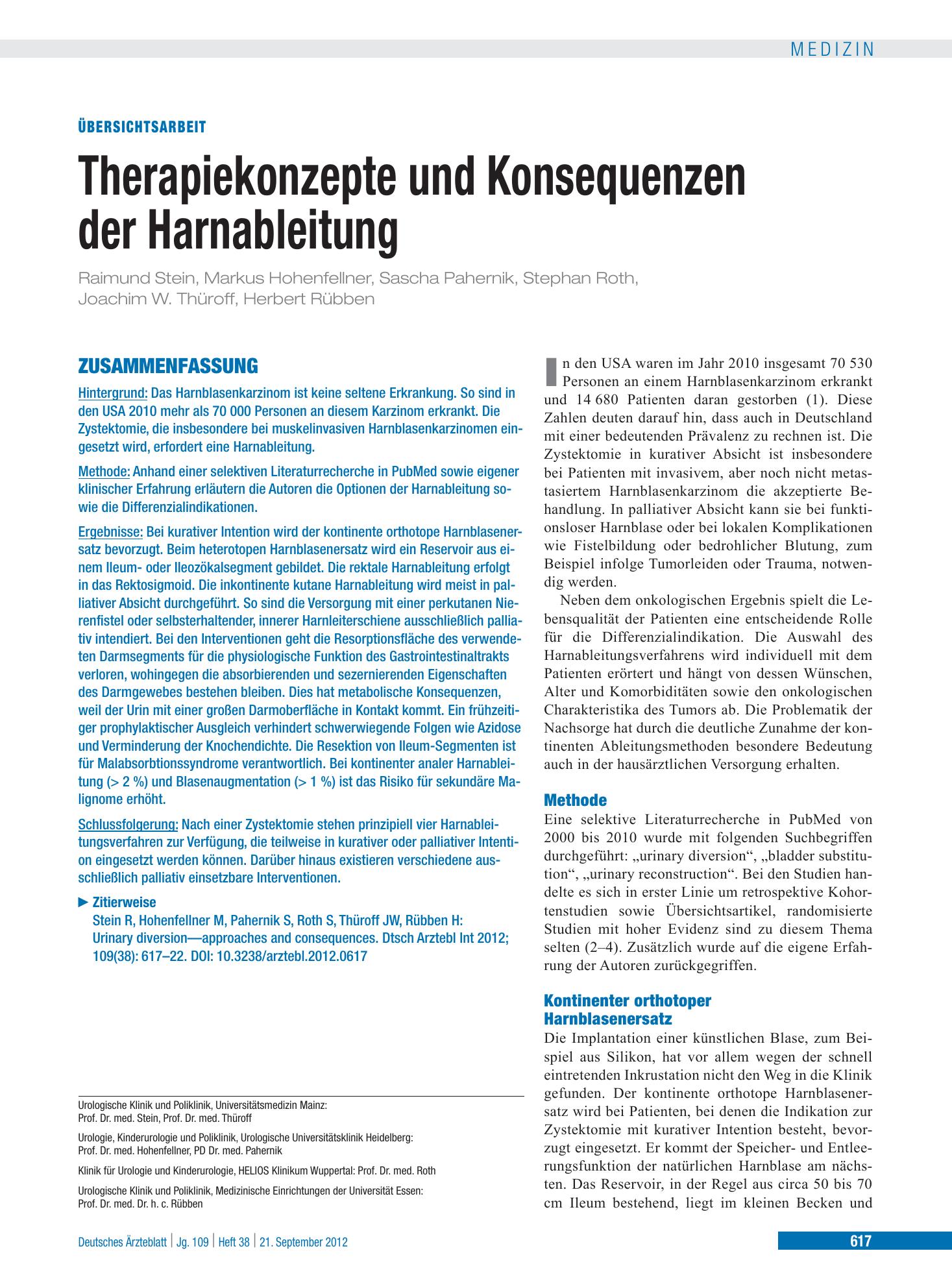 Vorschauseite 1: Therapiekonzepte und Konsequenzen der Harnableitung – Deutsches Ärzteblatt