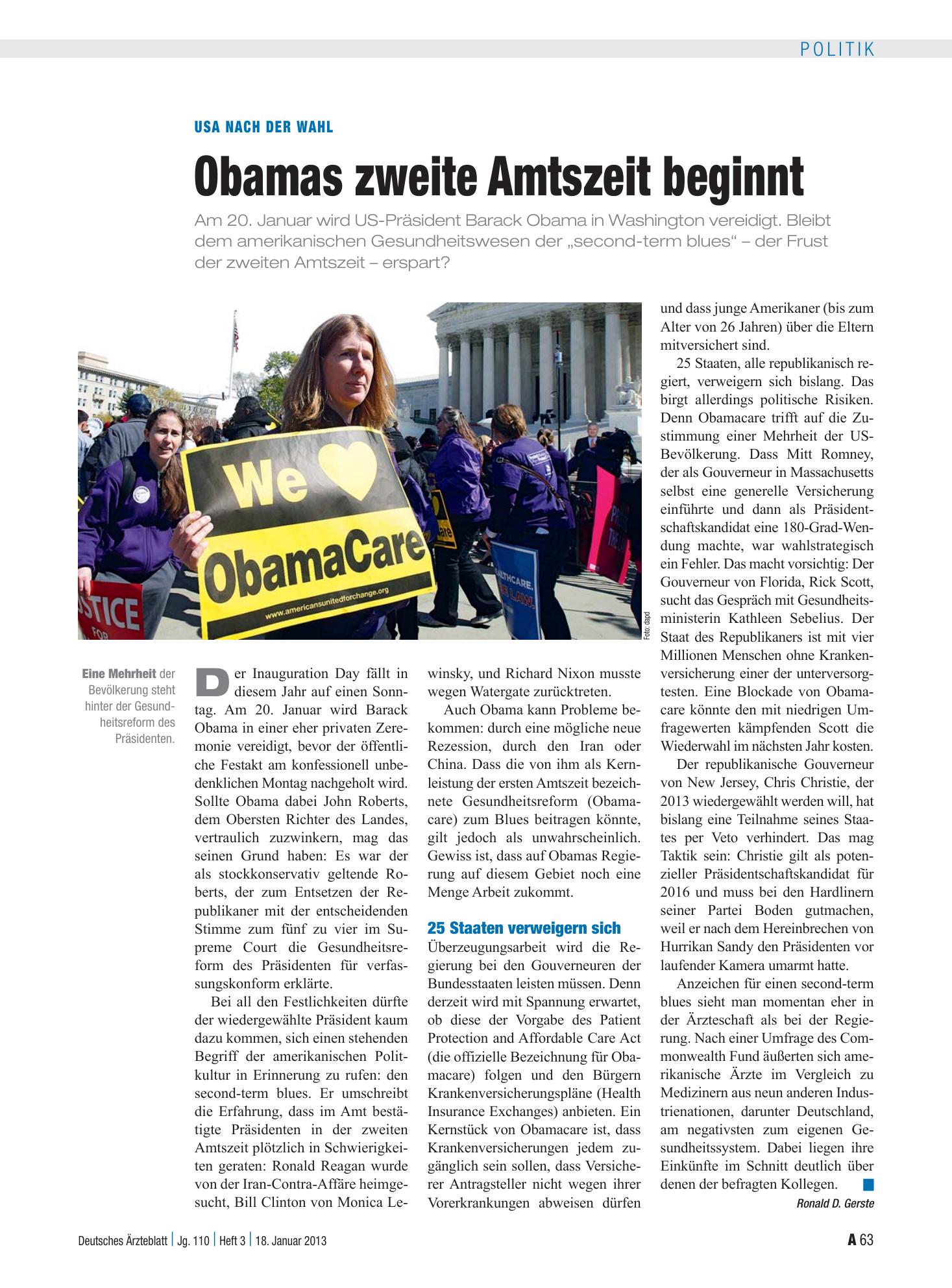 Vorschauseite 1: USA nach der Wahl: Obamas zweite Amtszeit beginnt – Deutsches Ärzteblatt