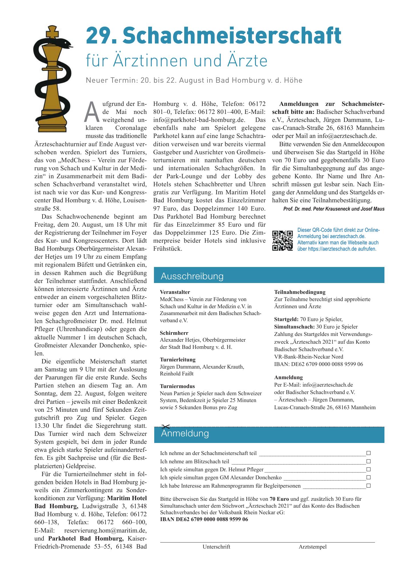 Vorschauseite 1: 29. Schachmeisterschaft für Ärztinnen und Ärzte – Deutsches Ärzteblatt