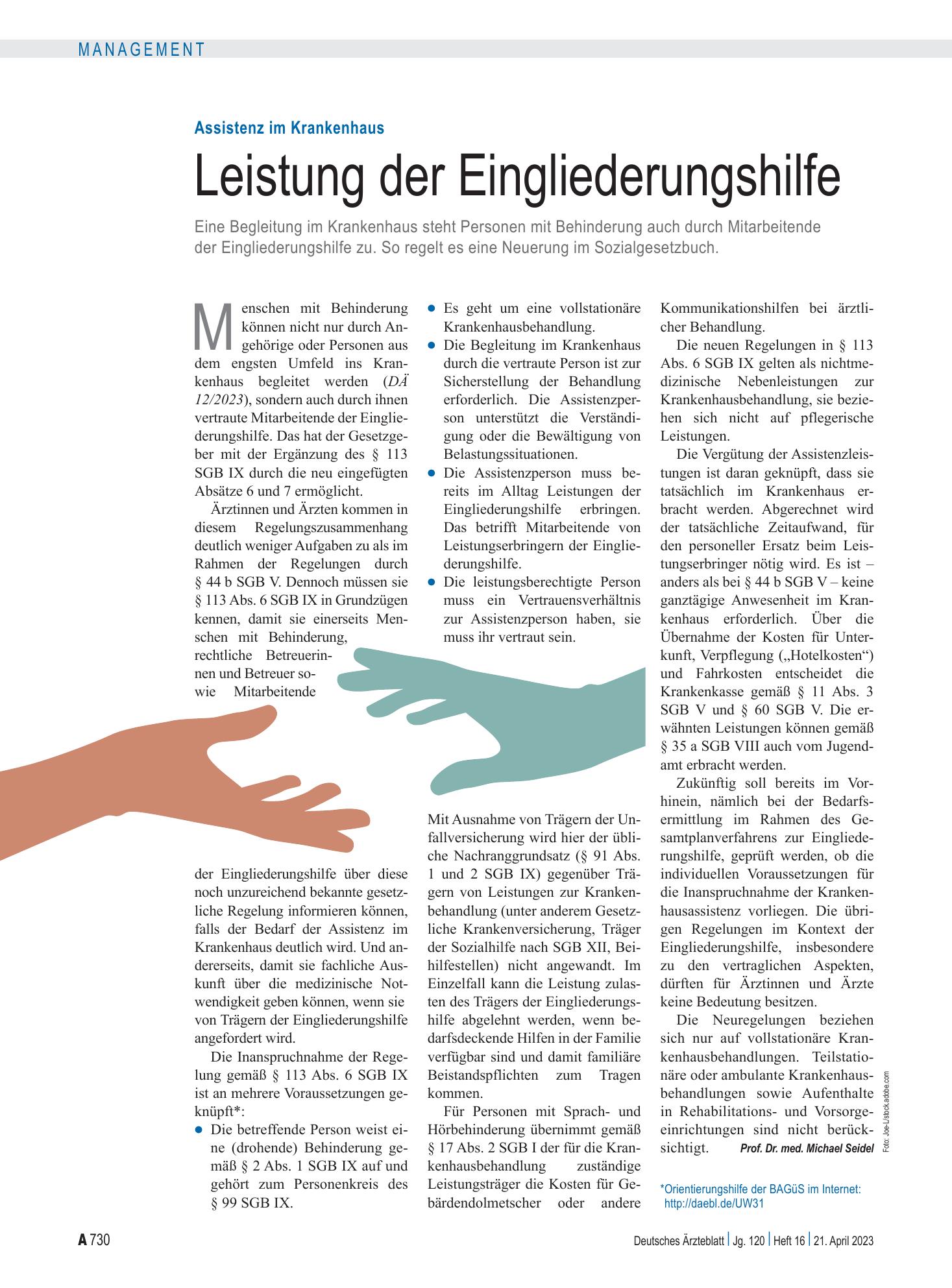 Vorschauseite 1: Assistenz im Krankenhaus: Leistung der Eingliederungshilfe – Deutsches Ärzteblatt