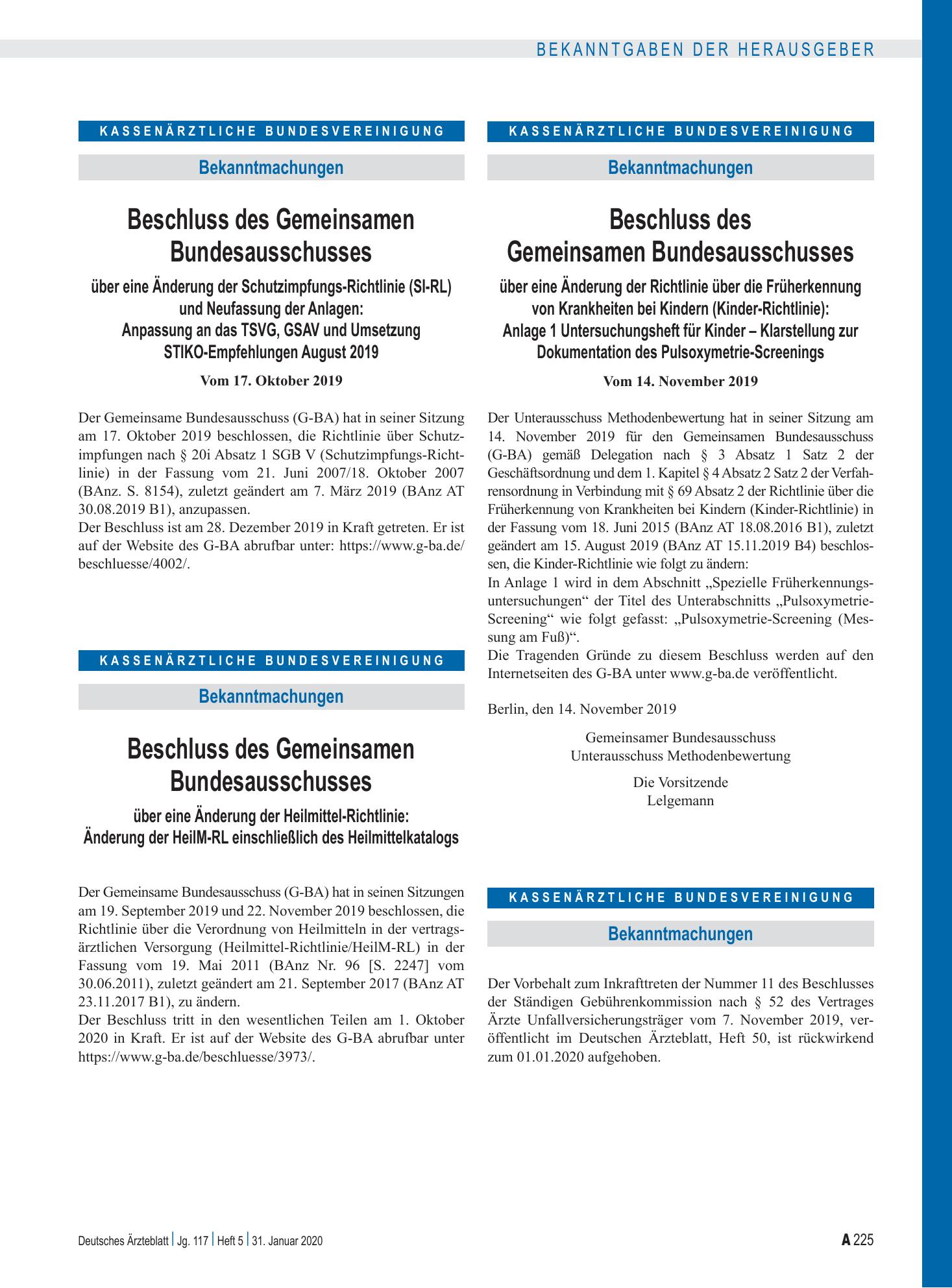 Vorschauseite 1: Bekanntmachungen – Deutsches Ärzteblatt