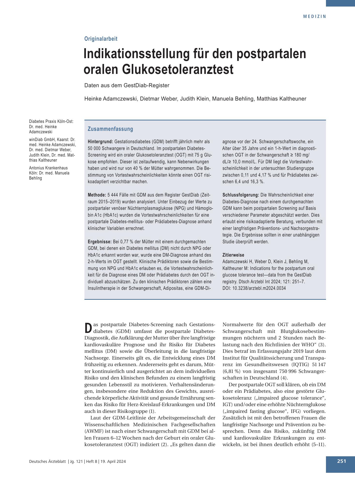 Vorschauseite 1: Indikationsstellung für den postpartalen oralen Glukosetoleranztest – Deutsches Ärzteblatt