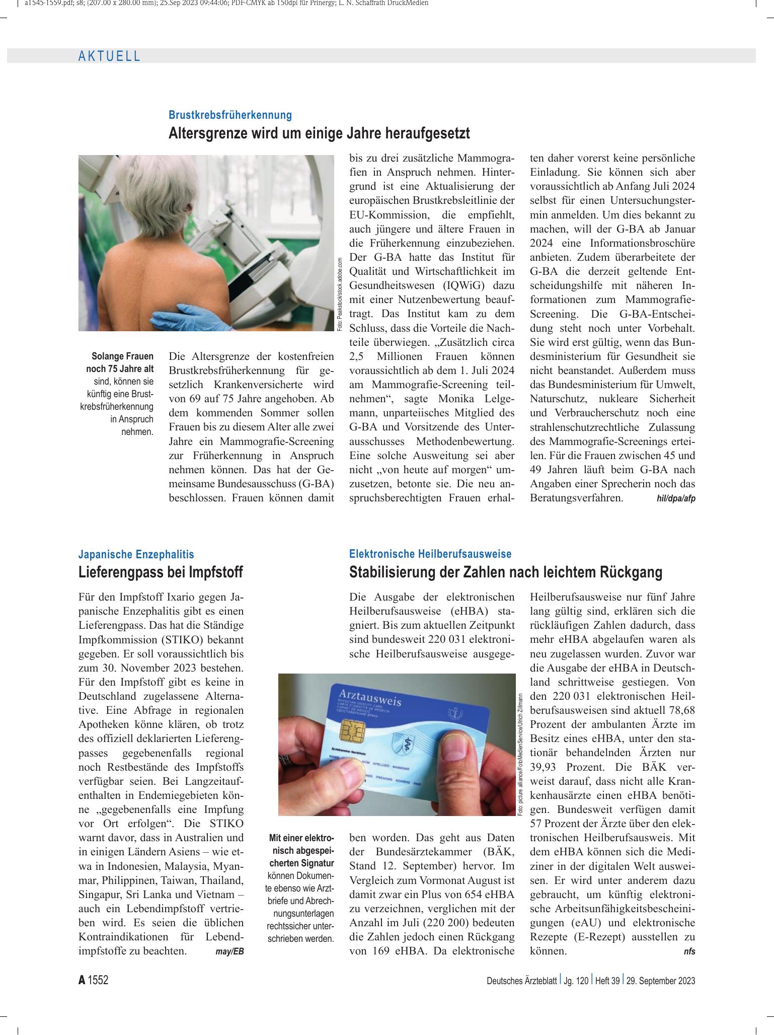 Vorschauseite 1: Brustkrebsfrüherkennung: Altersgrenze wird um einige Jahre heraufgesetzt – Deutsches Ärzteblatt