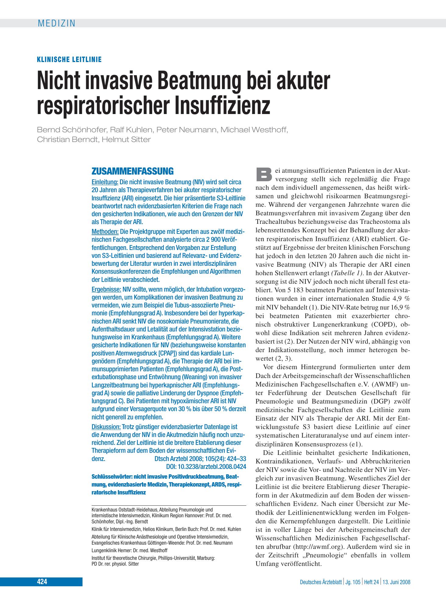 Vorschauseite 1: Nicht invasive Beatmung bei akuter respiratorischer Insuffizienz – Deutsches Ärzteblatt
