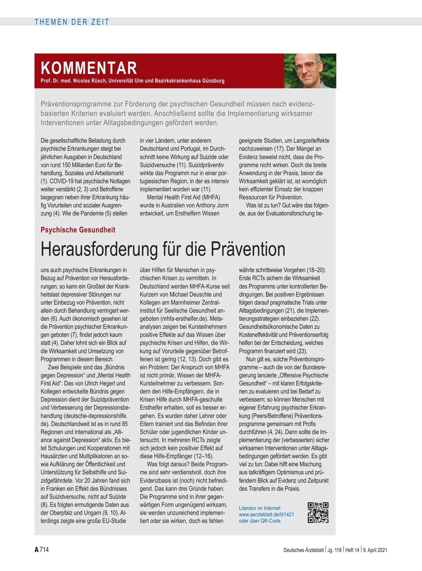 Vorschauseite 1: Psychische Gesundheit: Herausforderung für die Prävention – Deutsches Ärzteblatt