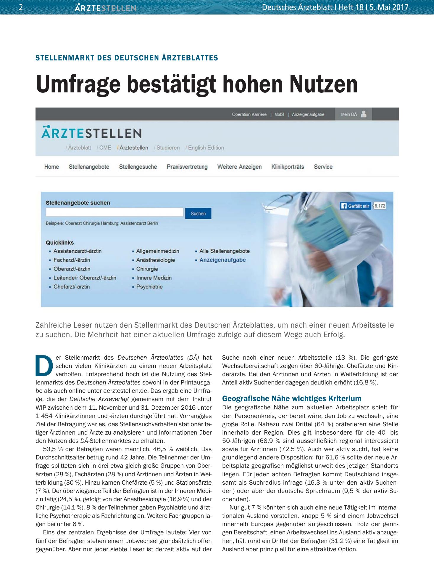 Vorschauseite 1: Stellenmarkt des Deutschen Ärzteblattes: Umfrage bestätigt hohen Nutzen – Deutsches Ärzteblatt