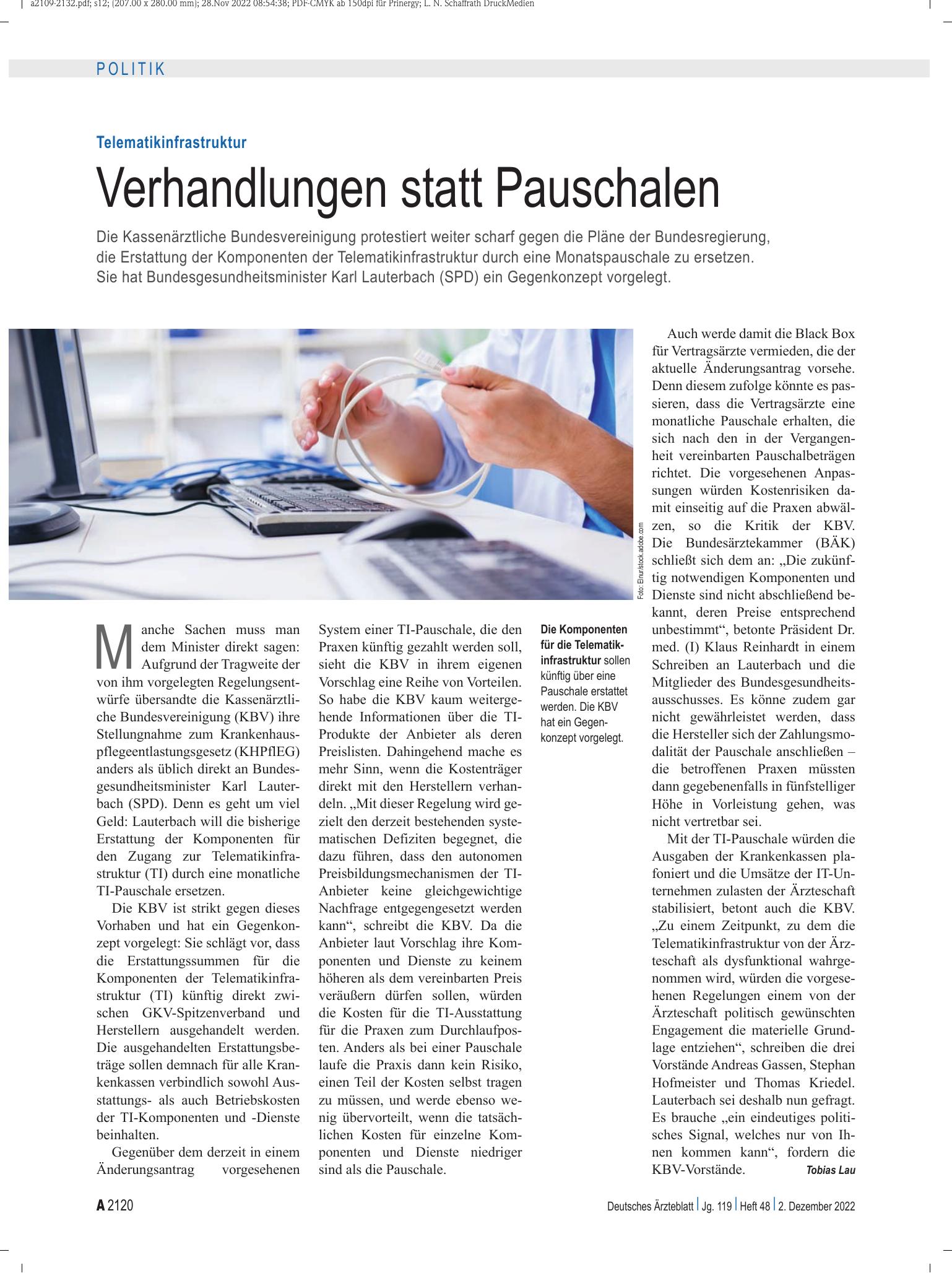 Vorschauseite 1: Telematikinfrastruktur: Verhandlungen statt Pauschalen – Deutsches Ärzteblatt