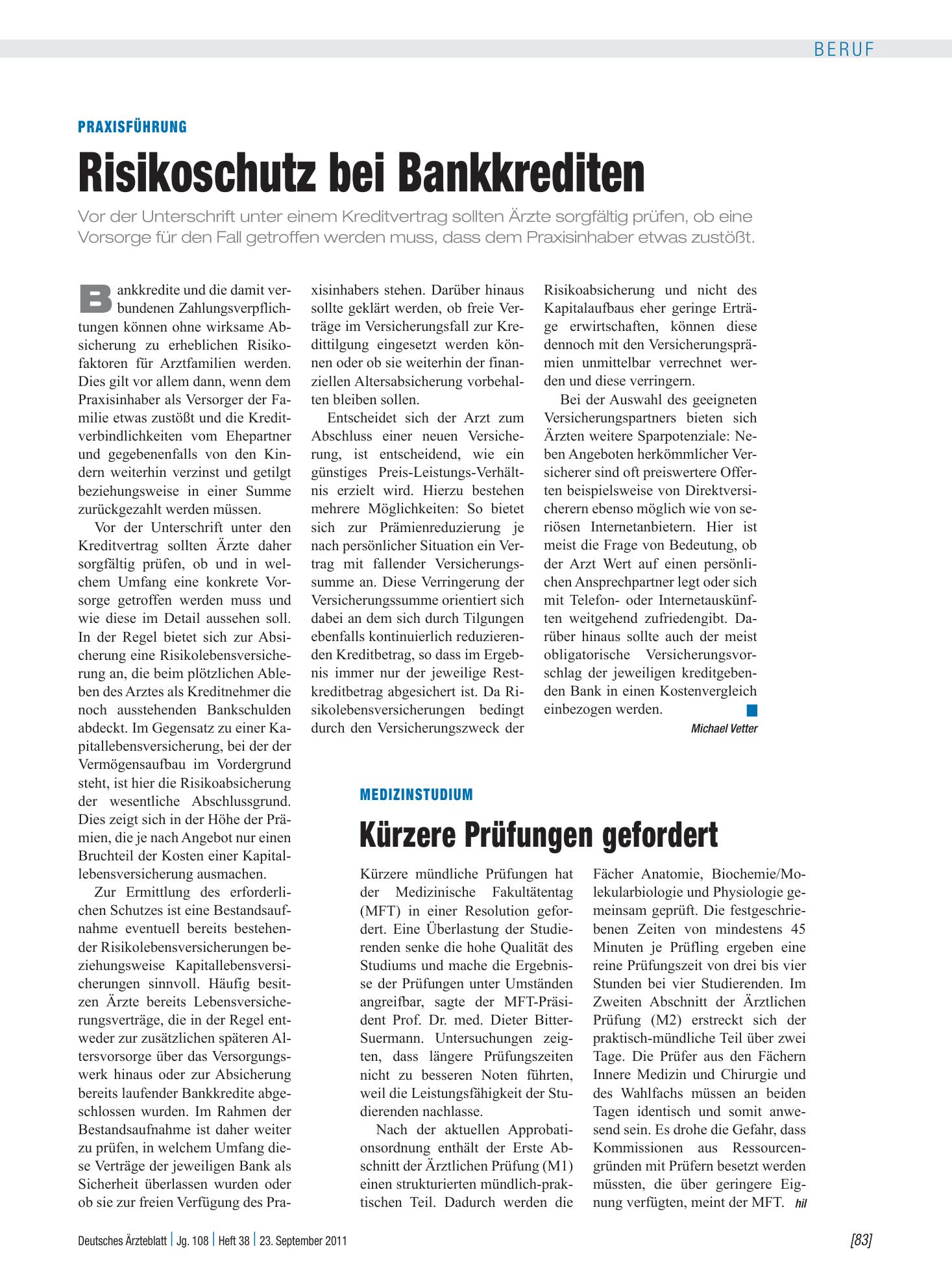 Vorschauseite 1: Praxisführung: Risikoschutz bei Bankkrediten – Deutsches Ärzteblatt