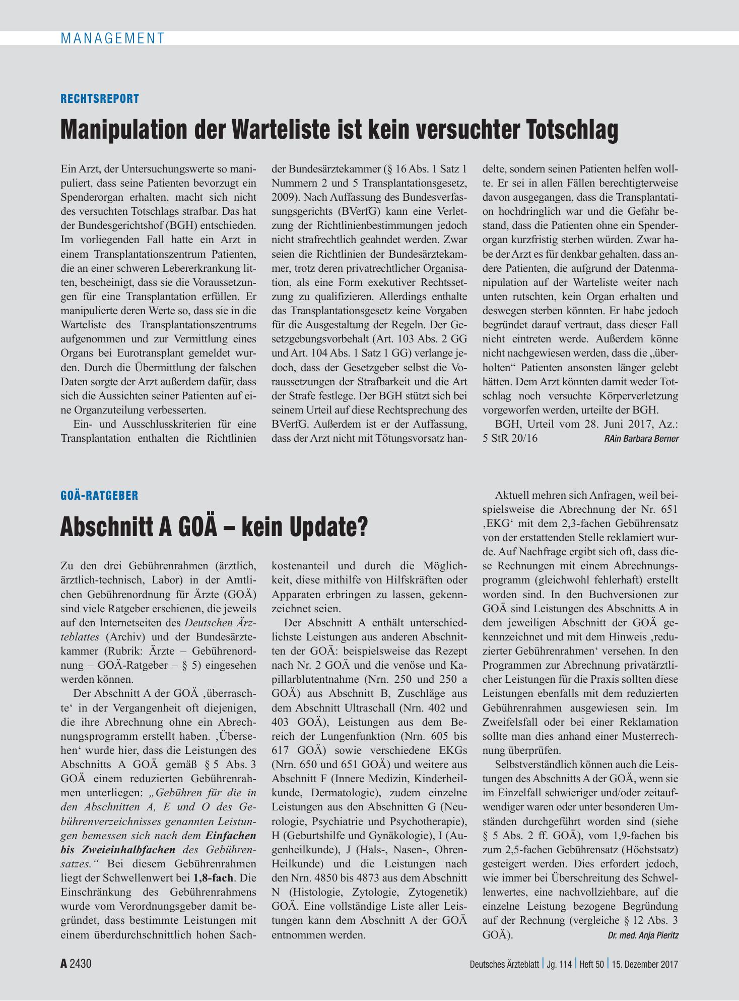 Vorschauseite 1: GOÄ-Ratgeber: Abschnitt A GOÄ – kein Update? – Deutsches Ärzteblatt