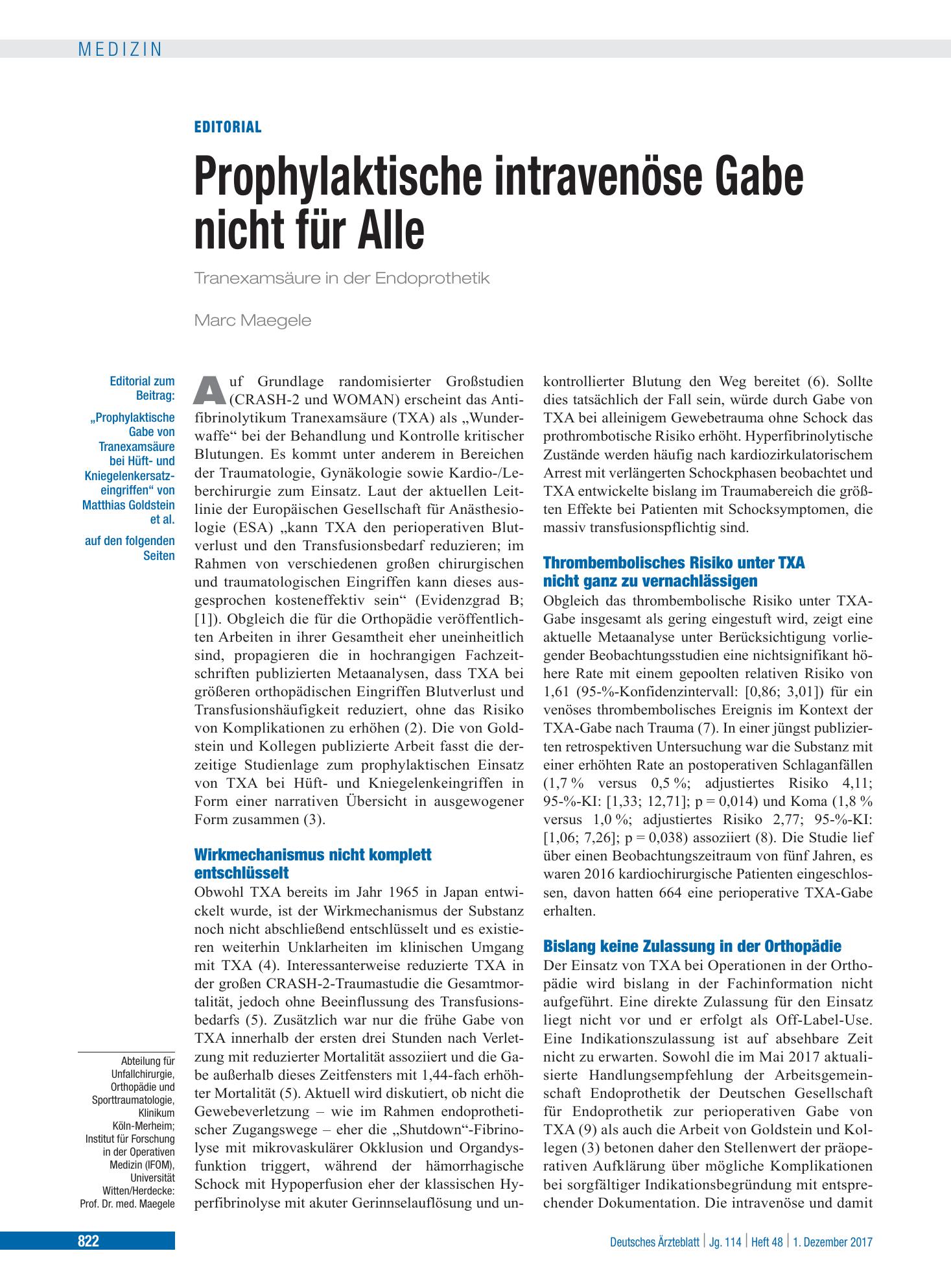 Vorschauseite 1: Prophylaktische Gabe von Tranexamsäure bei Hüft- und Kniegelenkersatzeingriffen – Deutsches Ärzteblatt