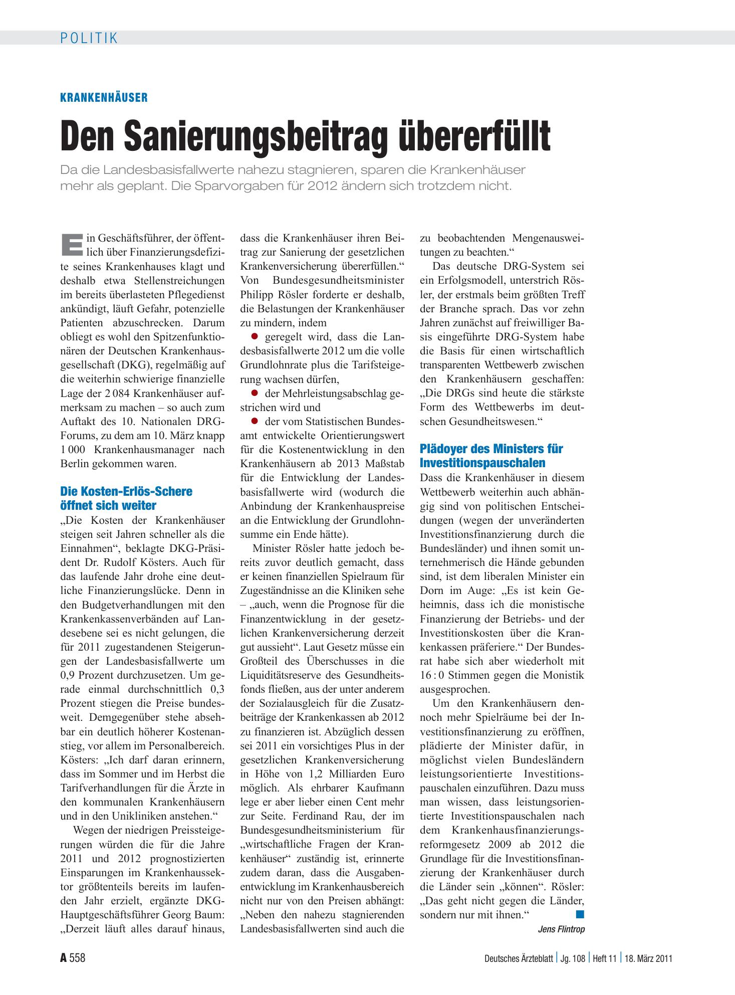 Vorschauseite 1: Krankenhäuser: Den Sanierungsbeitrag übererfüllt – Deutsches Ärzteblatt
