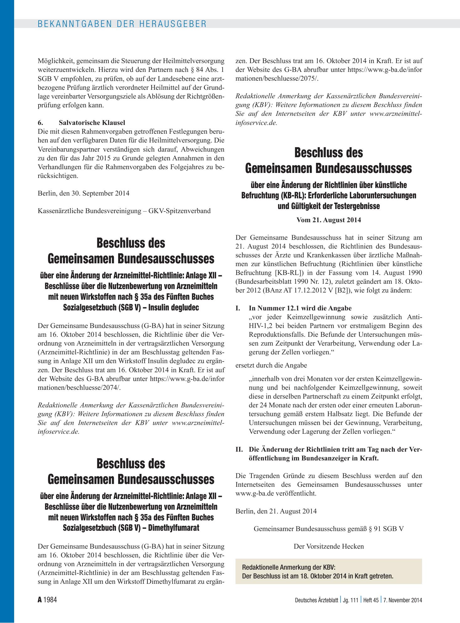 Vorschauseite 1: Beschluss des Gemeinsamen Bundesausschusses über eine Änderung der Richtlinien über künstliche Befruchtung (KB-RL): Erforderliche Laboruntersuchungen und Gültigkeit der Testergebn…