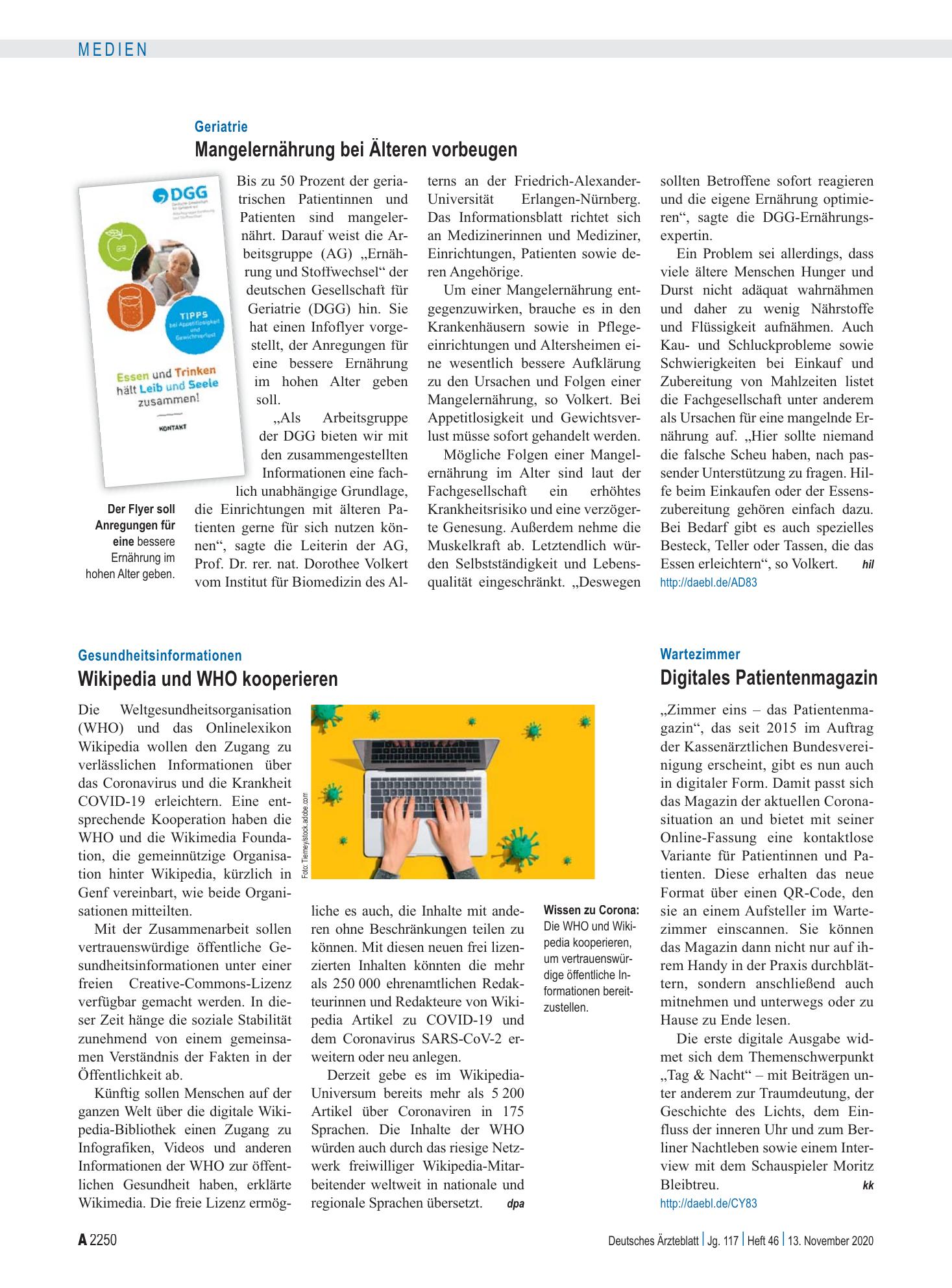 Vorschauseite 1: Gesundheitsinformationen: Wikipedia und WHO kooperieren – Deutsches Ärzteblatt