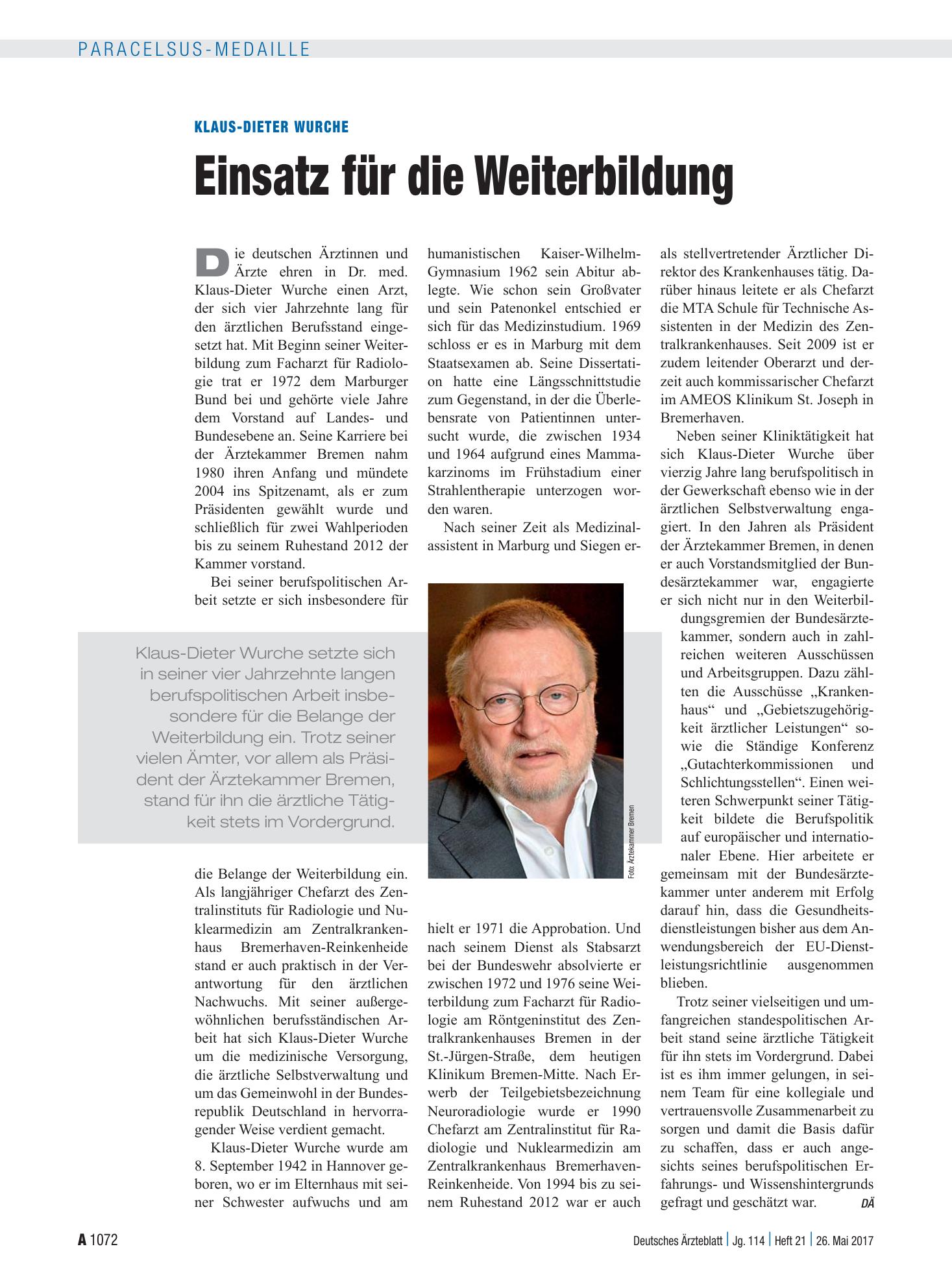 Vorschauseite 1: Klaus-Dieter Wurche: Einsatz für die Weiterbildung – Deutsches Ärzteblatt