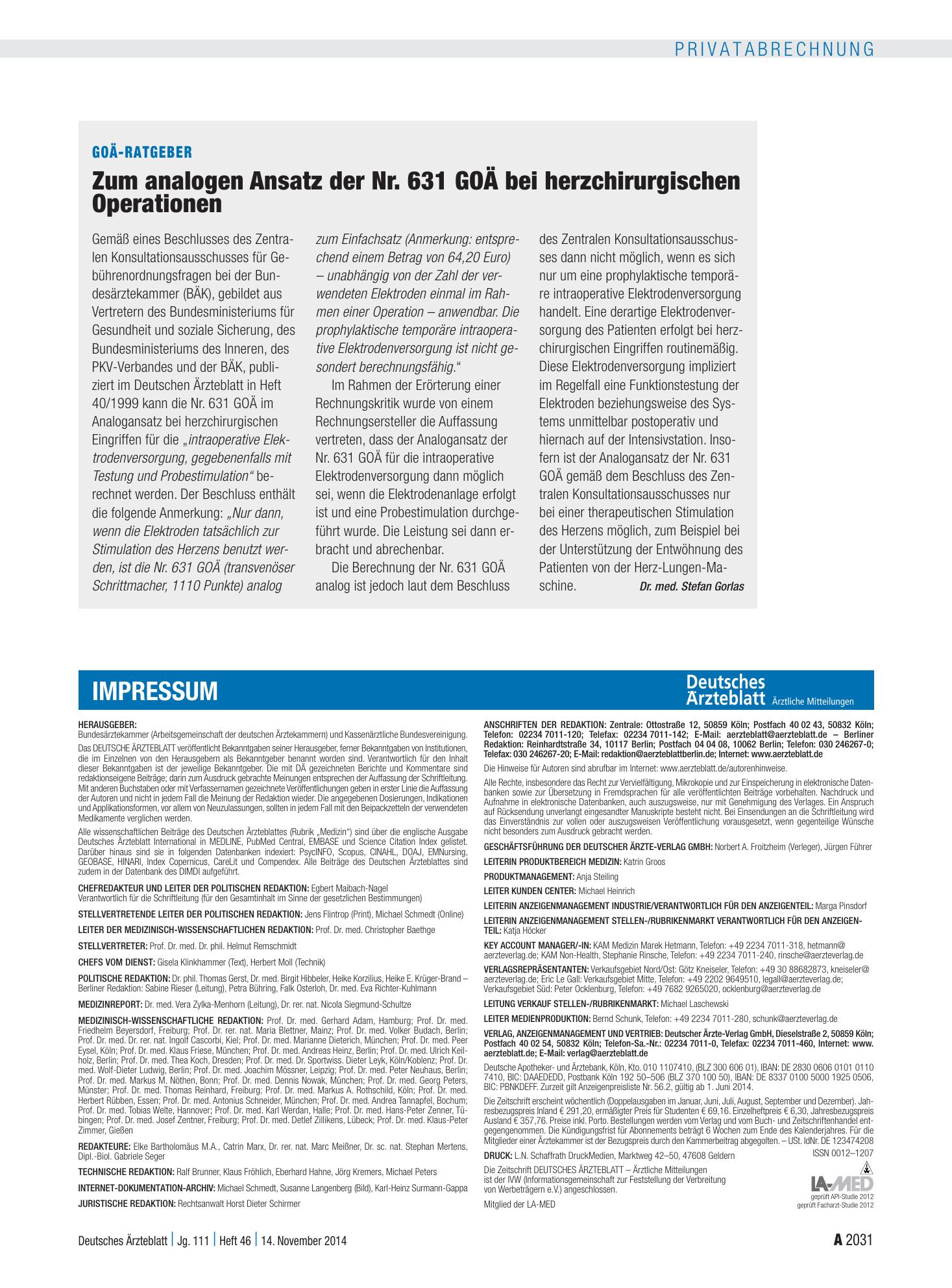Vorschauseite 1: GOÄ-Ratgeber: Zum analogen Ansatz der Nr. 631 GOÄ bei herzchirurgischen Operationen – Deutsches Ärzteblatt