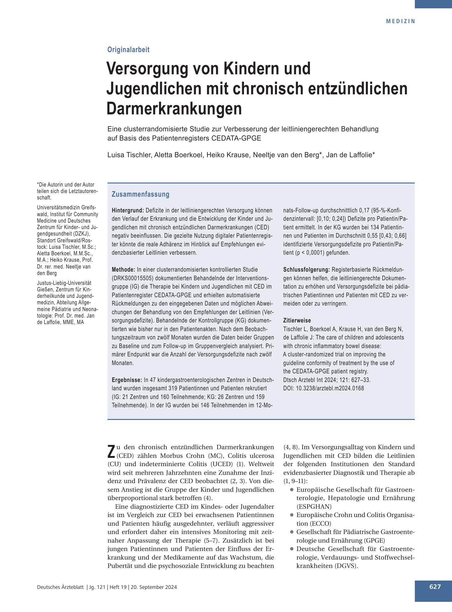 Vorschauseite 1: Versorgung von Kindern und Jugendlichen mit chronisch entzündlichen Darmerkrankungen – Deutsches Ärzteblatt