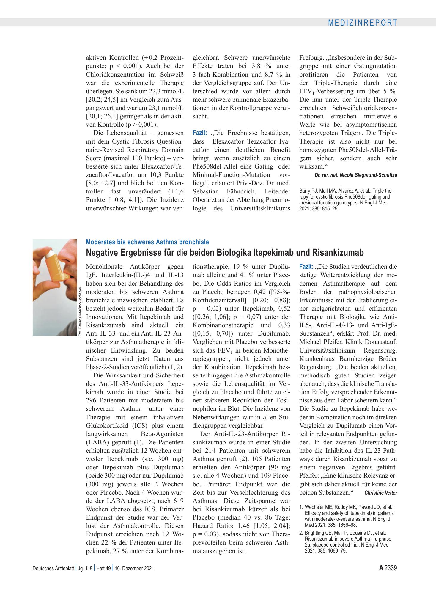 Vorschauseite 1: Moderates bis schweres Asthma bronchiale: Negative Ergebnisse für die beiden Biologika Itepekimab und Risankizumab – Deutsches Ärzteblatt
