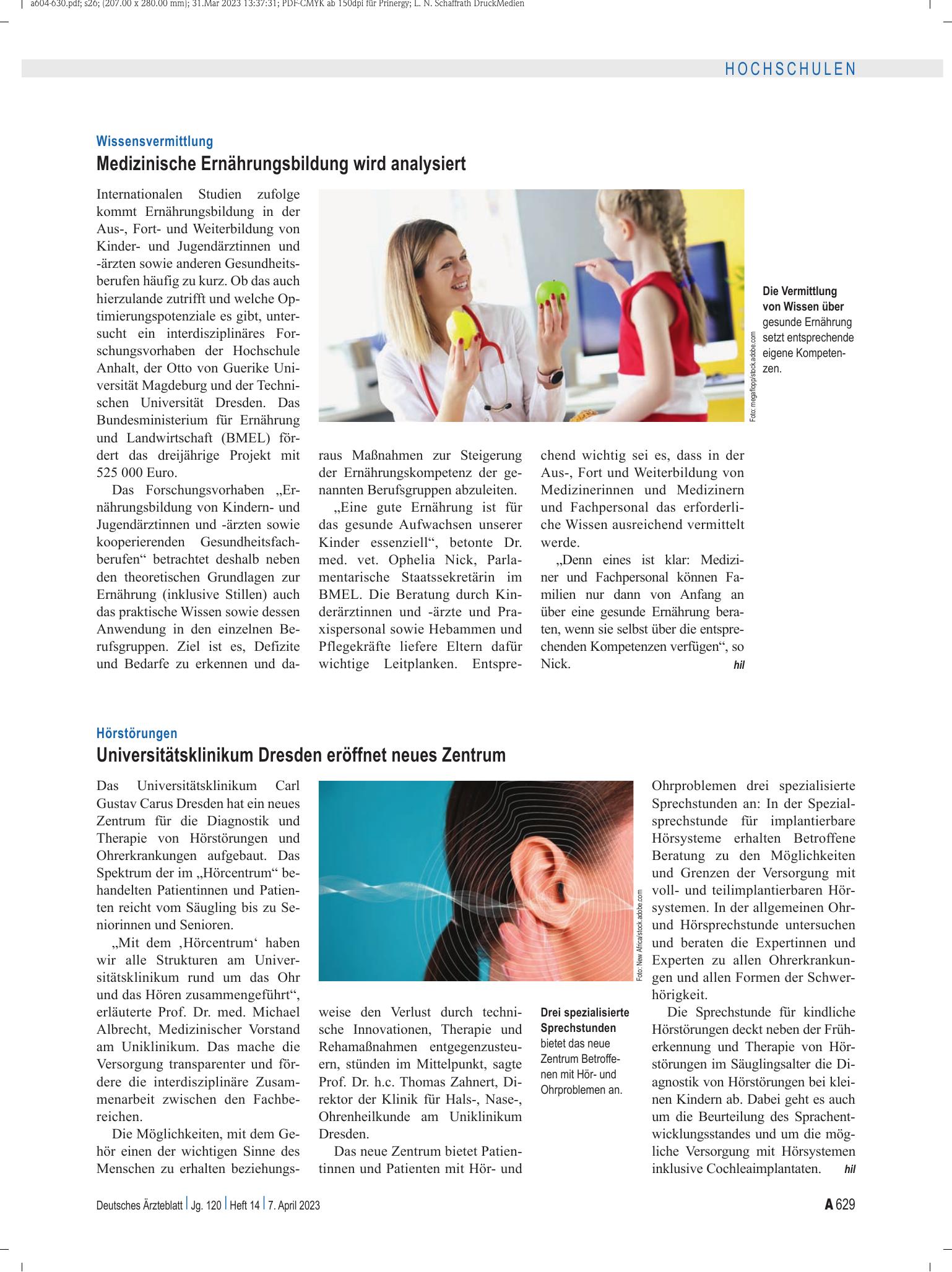 Vorschauseite 1: Wissensvermittlung: Medizinische Ernährungsbildung wird analysiert – Deutsches Ärzteblatt