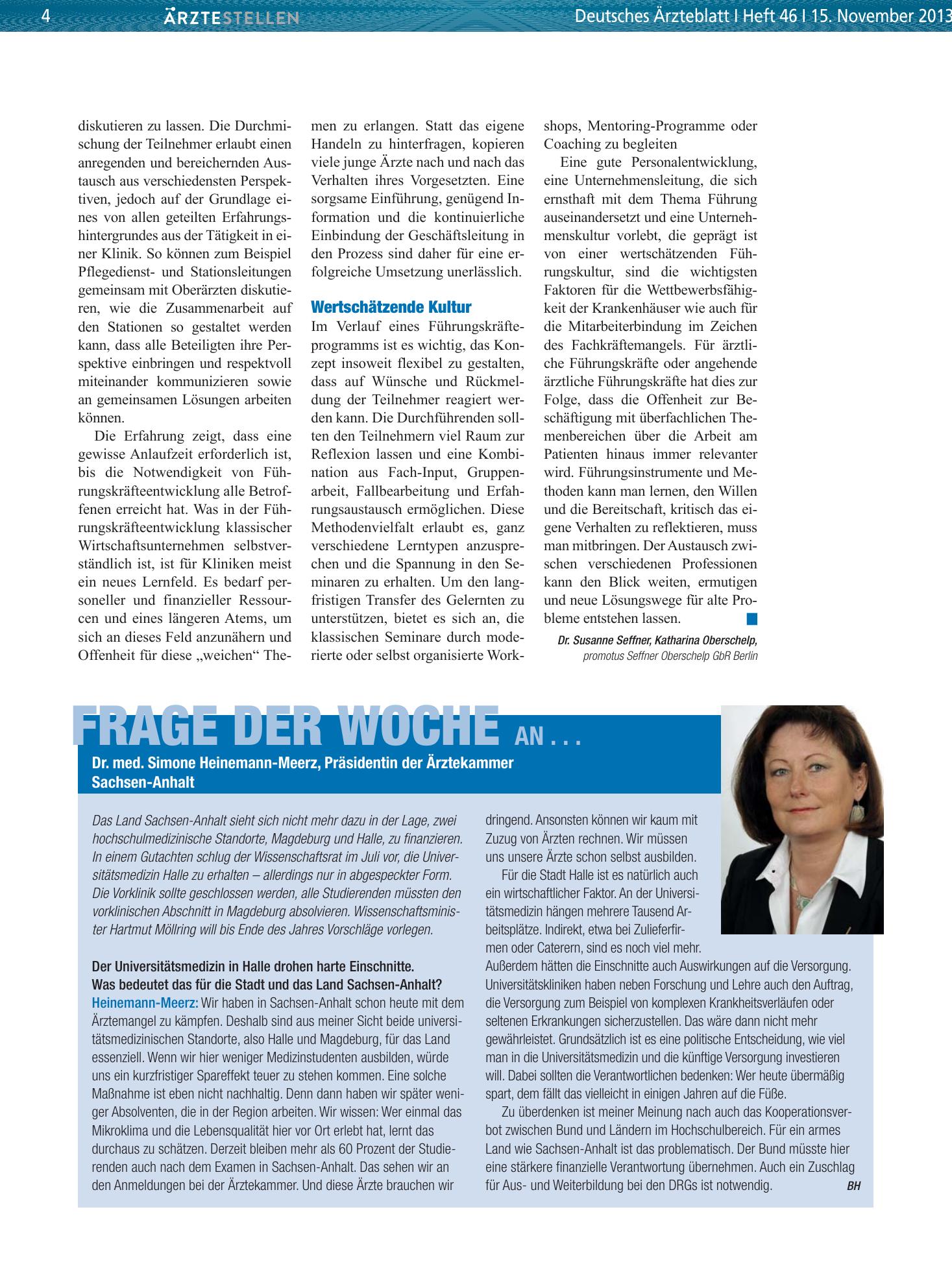 Vorschauseite 1: Frage der Woche an . . . Dr. med. Simone Heinemann-Meerz, Präsidentin der Ärztekammer Sachsen-Anhalt – Deutsches Ärzteblatt