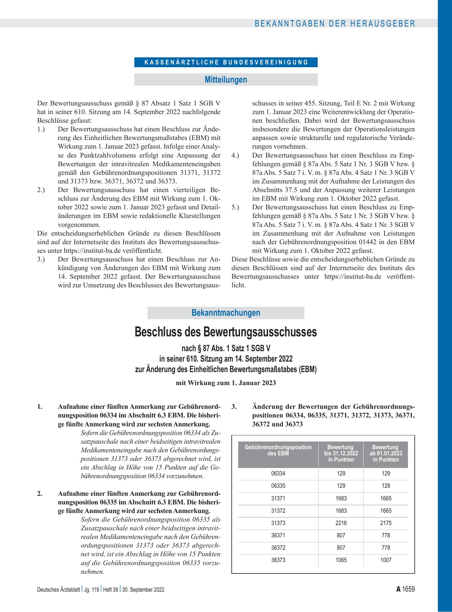 Vorschauseite 1: Beschluss des Bewertungsausschusses nach § 87 Abs. 1 Satz 1 SGB V in seiner 610. Sitzung am 14. September 2022 zur Änderung des Einheitlichen Bewertungsmaßstabes (EBM) – Deutsches…