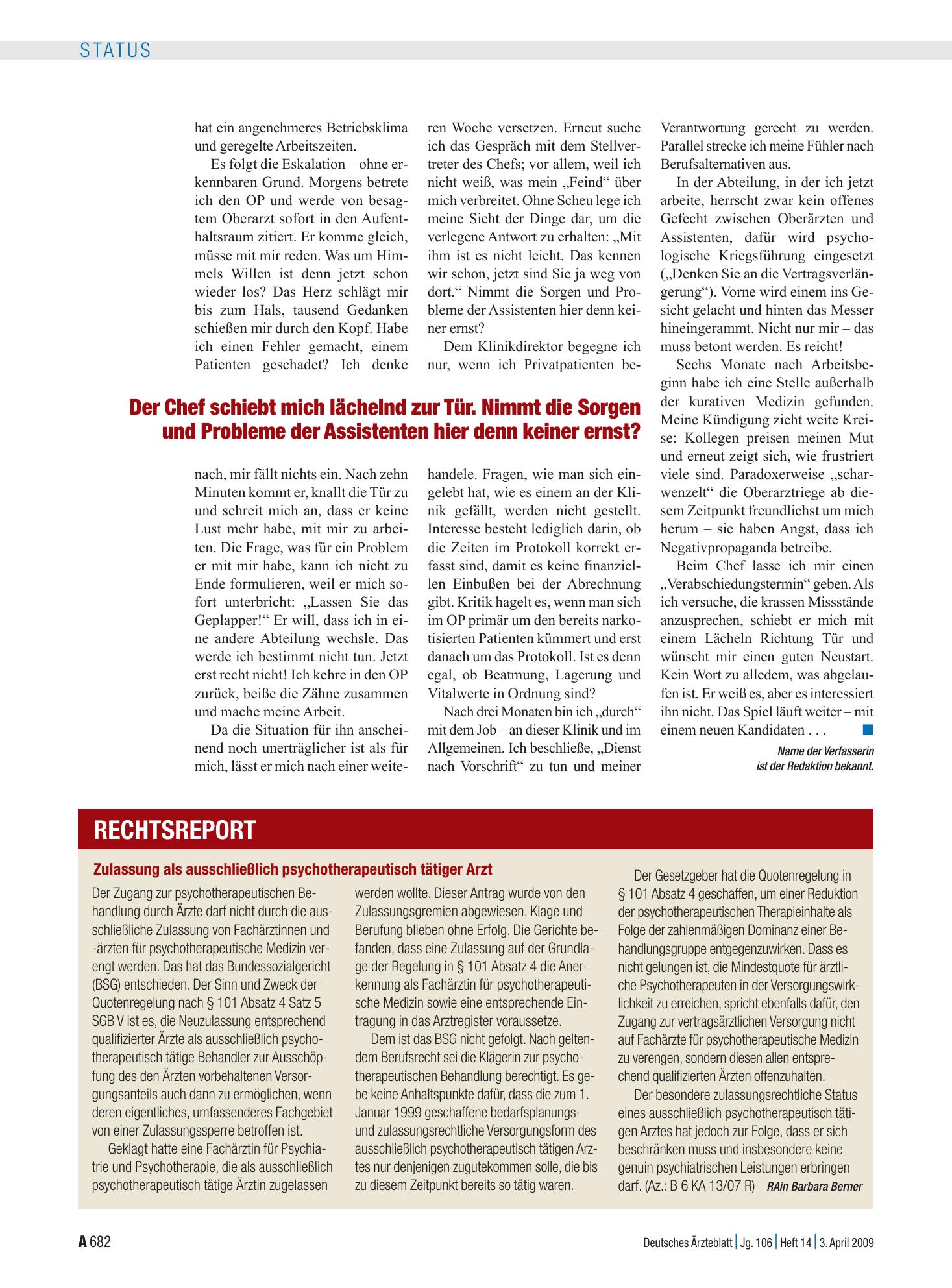 Vorschauseite 1: Zulassung als ausschließlich psychotherapeutisch tätiger Arzt – Deutsches Ärzteblatt