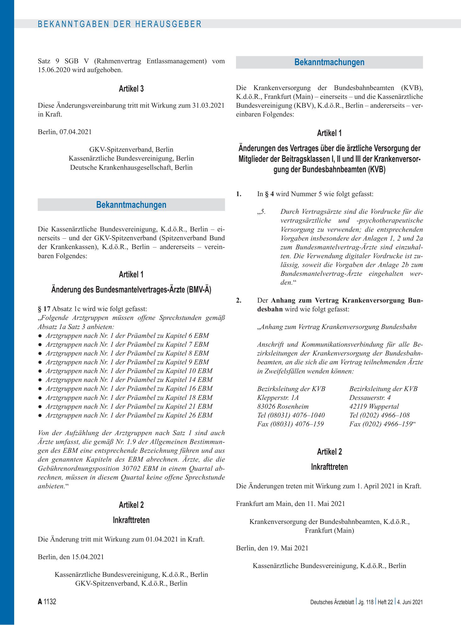 Vorschauseite 1: Änderung des Bundesmantelvertrages-Ärzte (BMV-Ä) – Deutsches Ärzteblatt