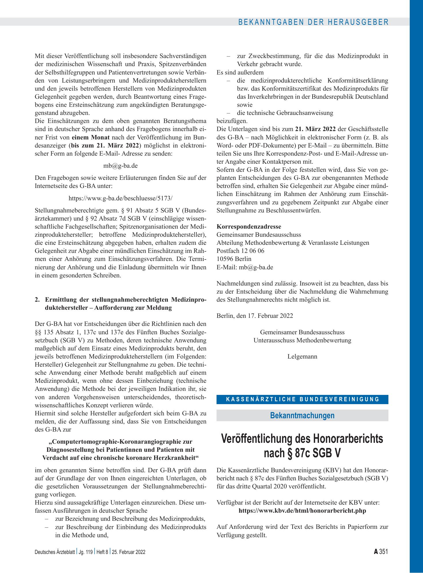 Vorschauseite 1: Veröffentlichung des Honorarberichts nach § 87c SGB V – Deutsches Ärzteblatt