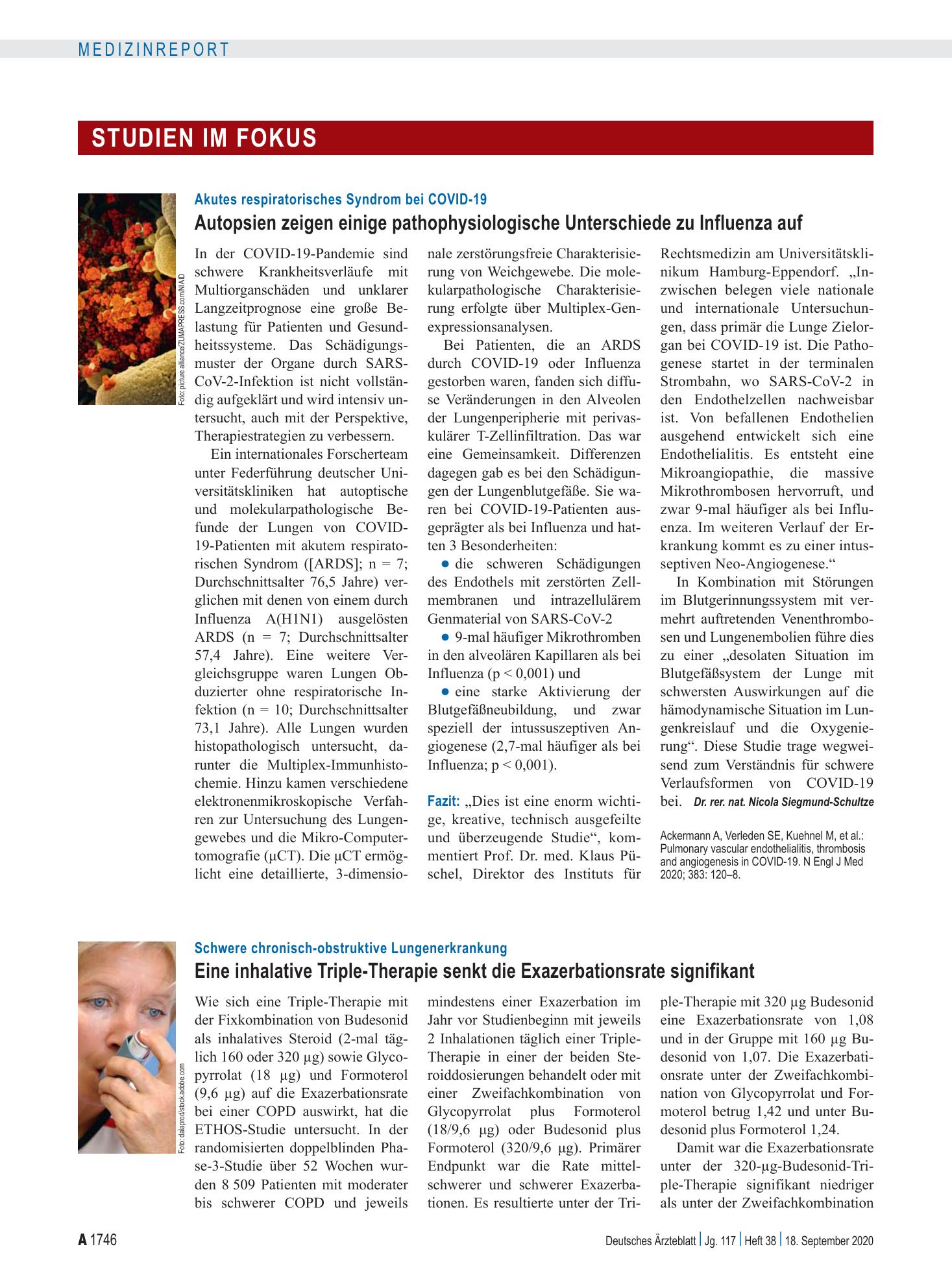 Vorschauseite 1: Schwere chronisch-obstruktive Lungenerkrankung: Eine inhalative Triple-Therapie senkt die Exazerbationsrate signifikant – Deutsches Ärzteblatt